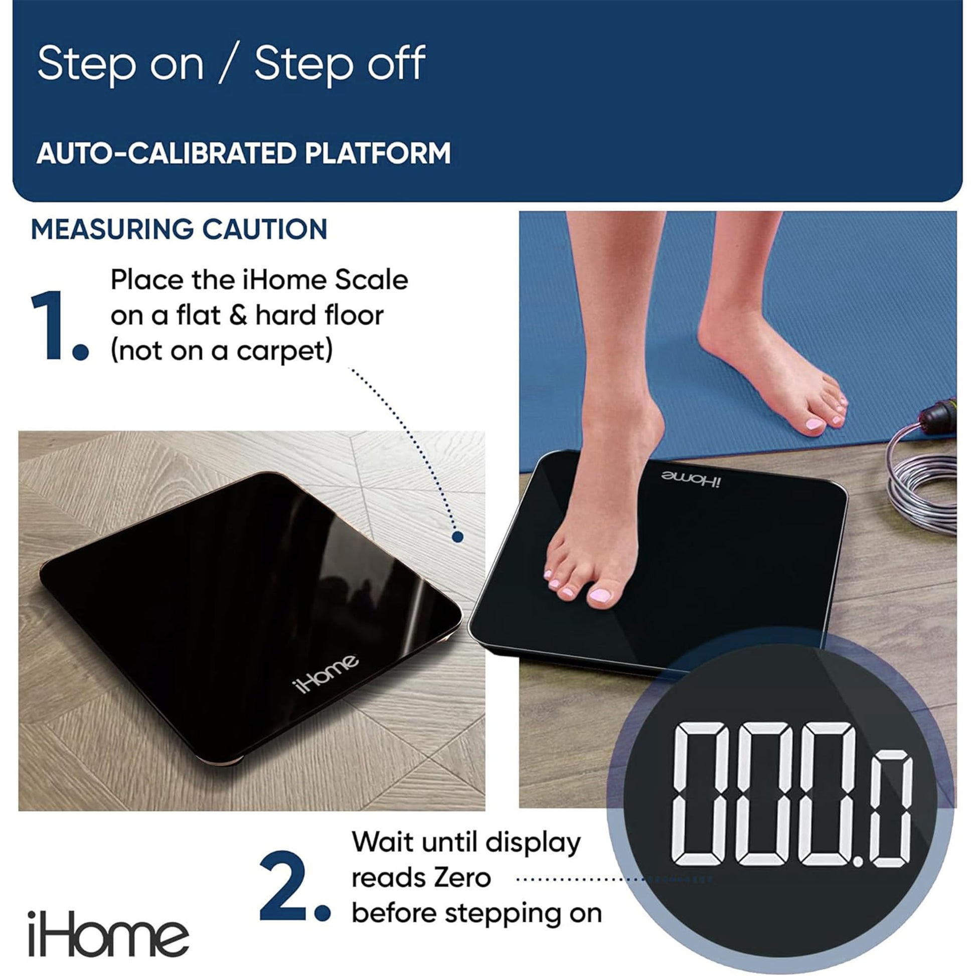 iHome - Báscula digital para baño con escala, báscula de peso corporal de alta precisión, 400 libras, funciona con batería con visualización LED, pilas incluidas, ideal para gimnasio en casa (negro)