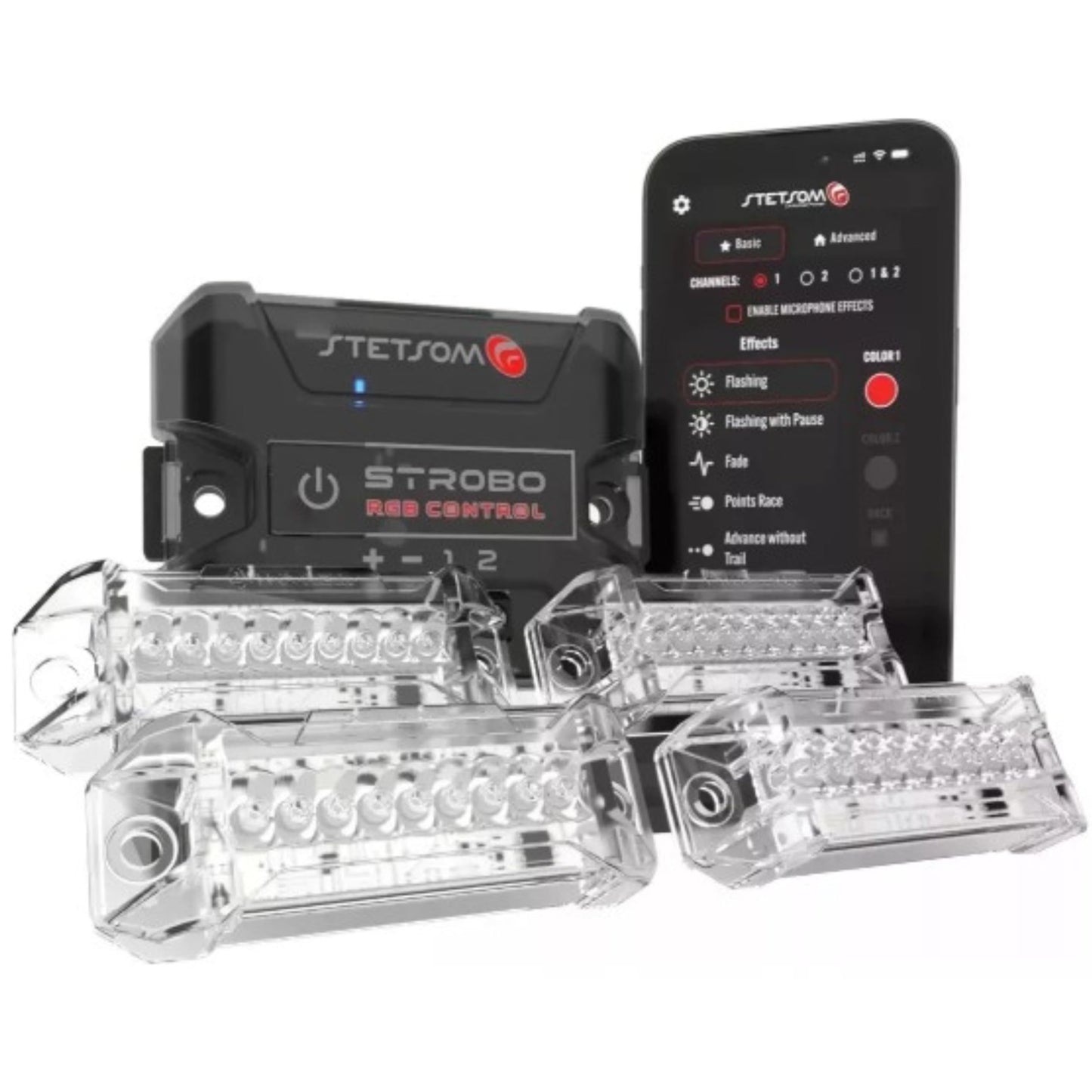 Stetsom Strobo - Luces LED RGB, 1 central + 4 cápsulas, audio para auto, decoración del hogar, compatible con tiras LED 2811, modo música, controlado por aplicación, Bluetooth, 2 canales, controla
