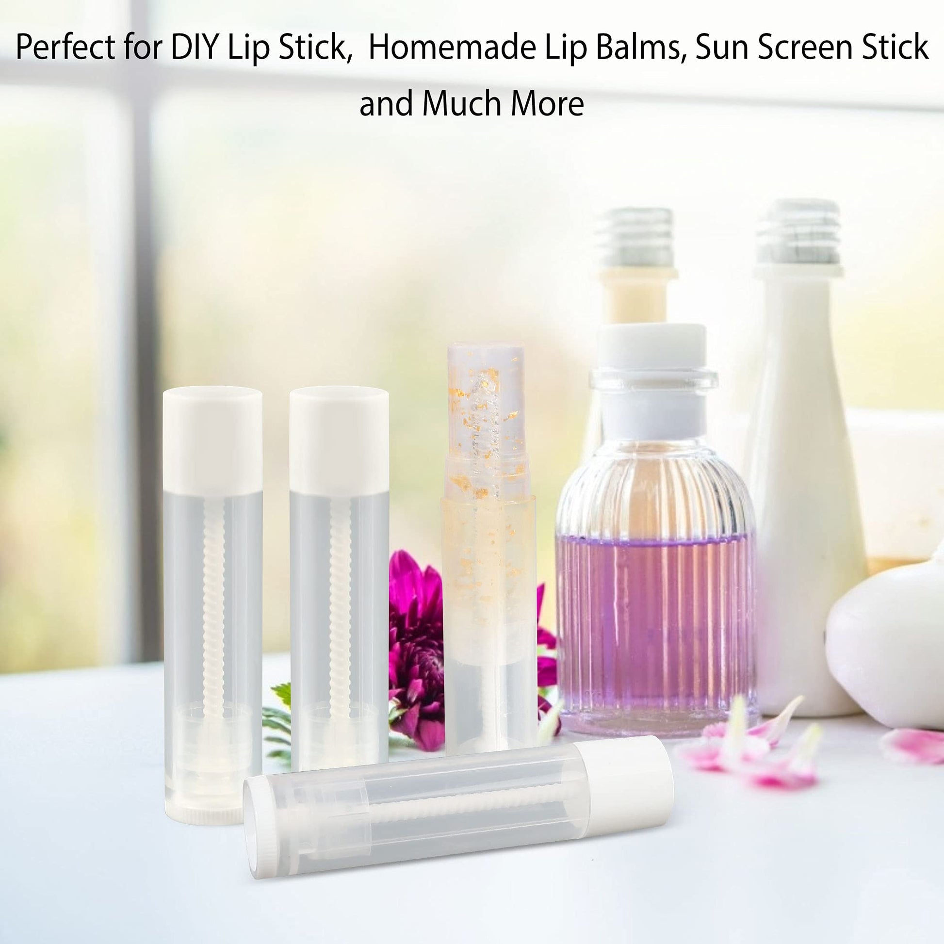 LotFancy 60 tubos de bálsamo labial vacíos, 5,5 ml (3/16 onzas), tubos transparentes con tapas blancas, sin BPA y sin fugas, rellenables, para maquillaje cosmético DIY
