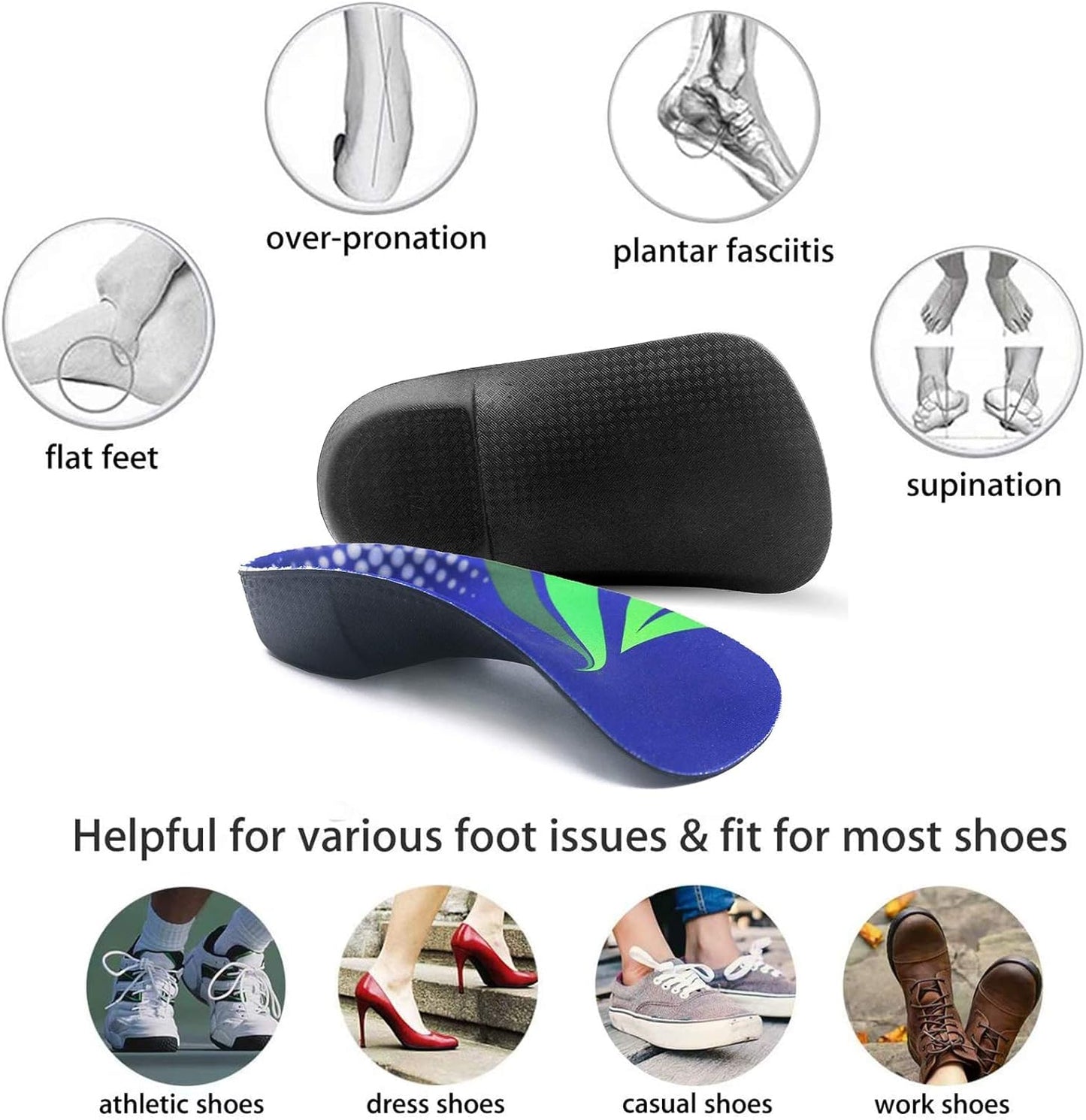 Insertos ortopédicos de longitud 3/4, plantillas de soporte de arco alto para sobrepronación, fascitis plantar, pies planos, insertos de zapatos para caminar, correr hombres y mujeres