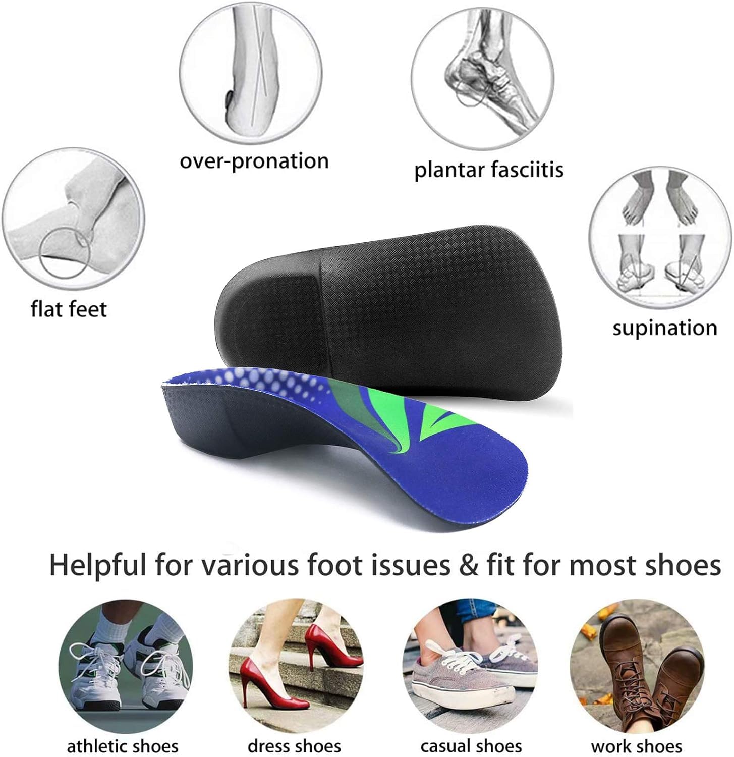 Insertos ortopédicos de longitud 3/4, plantillas de soporte de arco alto para sobrepronación, fascitis plantar, pies planos, insertos de zapatos para caminar, correr hombres y mujeres