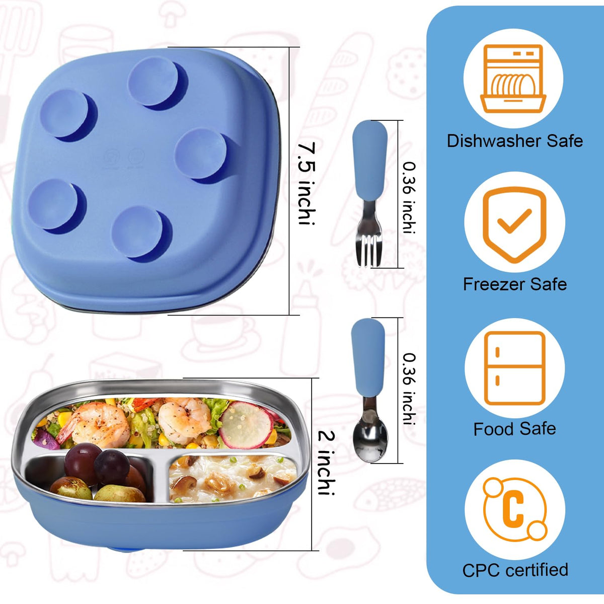 Paquete de 2 platos de acero inoxidable para niños con succión, borde alto de 7.75 pulgadas, a prueba de derrames, 2 cucharas y mangas extraíbles, aptos para microondas y lavaplatos, sin BPA