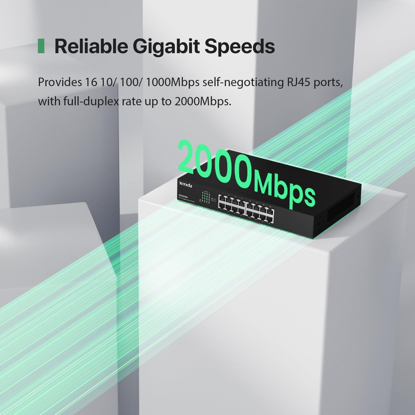 Tenda TEG1016D Switch Gigabit Ethernet de 16 Puertos, 10/100/1000 Mbps, Capacidad de Comunicación 32 Gbps
