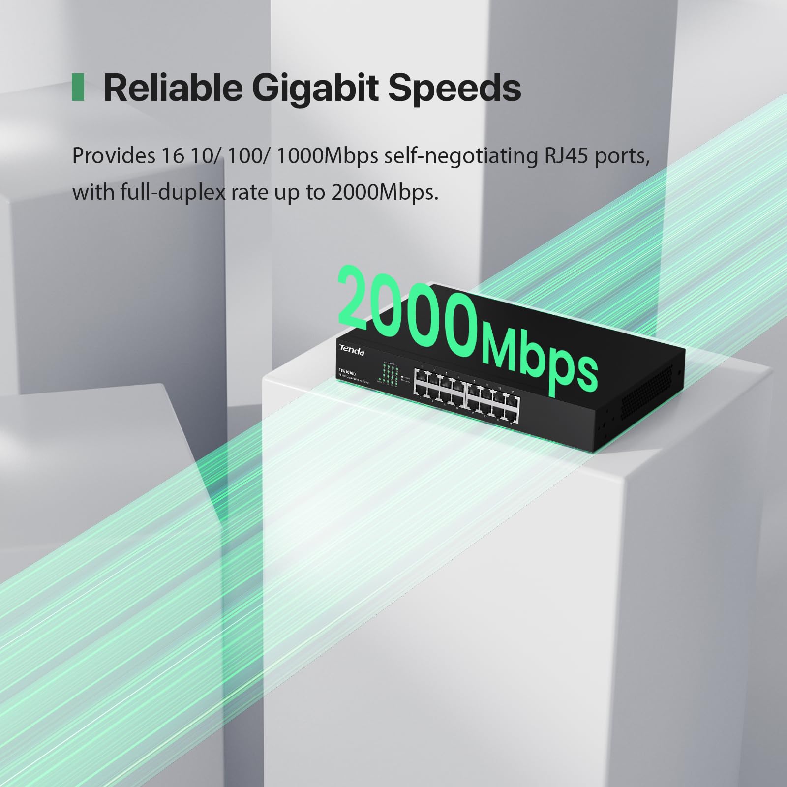 Tenda TEG1016D Switch Gigabit Ethernet de 16 Puertos, 10/100/1000 Mbps, Capacidad de Comunicación 32 Gbps