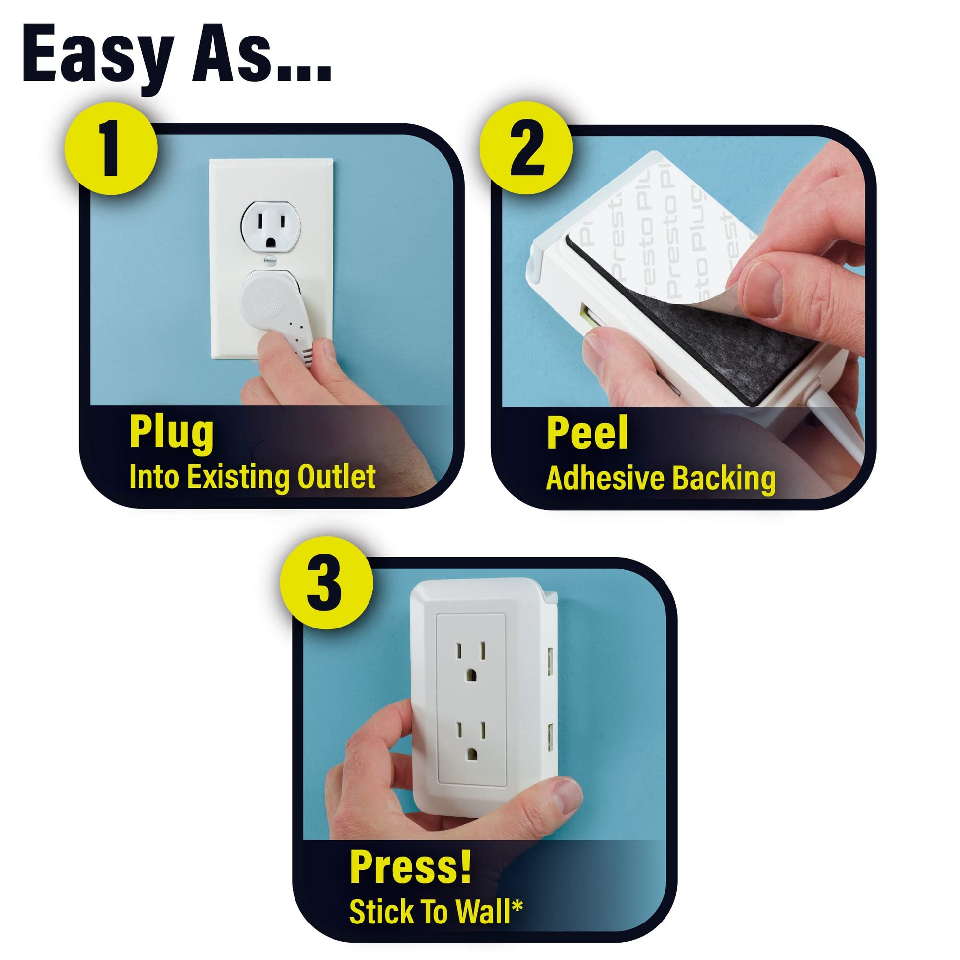 Ontel - Extensor de Enchufe Presto para reubicar Tomas de Corriente inalcanzables, Cable de 4 pies, se adhiere fácilmente en la Pared, Proporciona protección contra sobretensiones, 2 Salidas de CA, 2