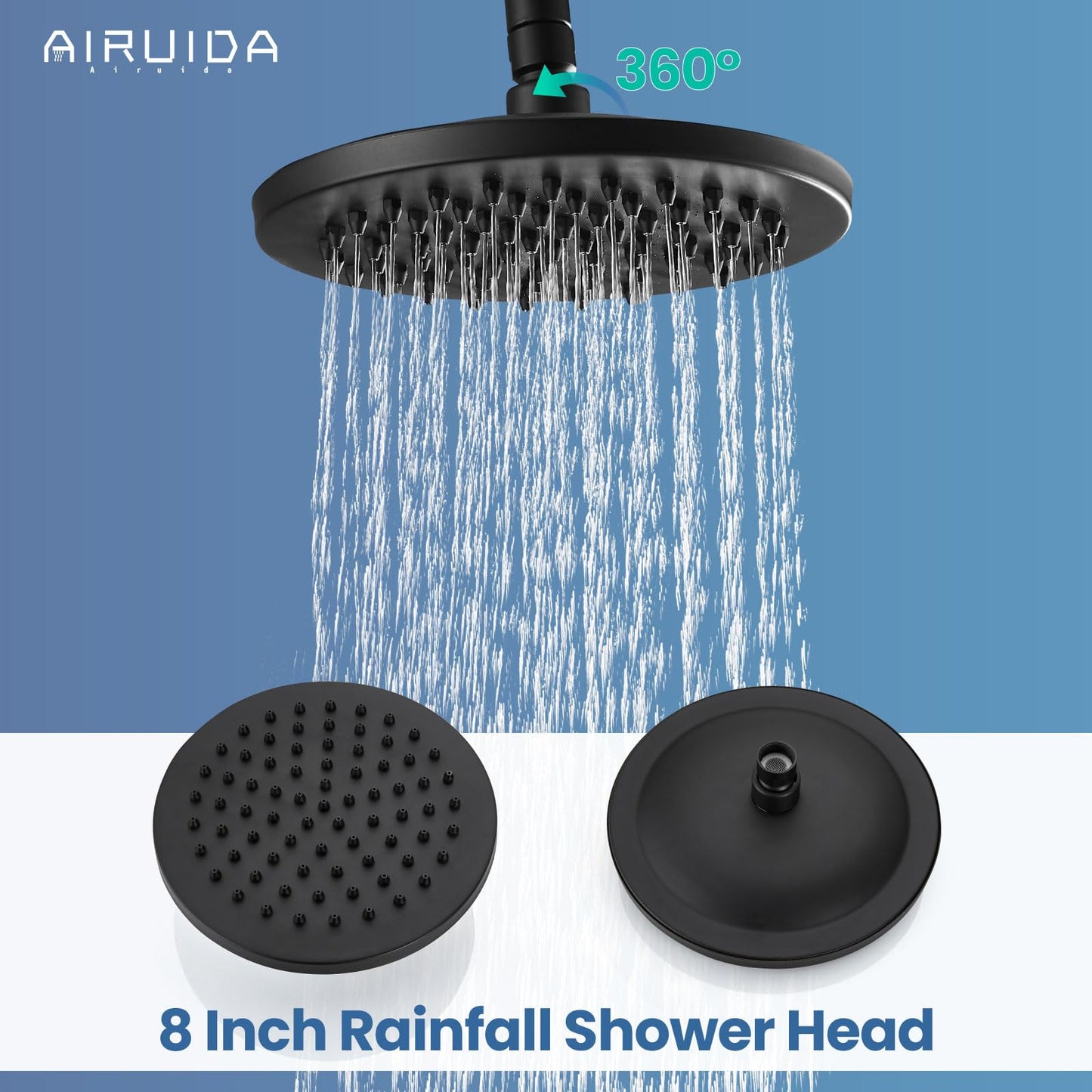 Sistema de Ducha Airuida Negro Mate con Alcachofa Moderna de Doble Función y Desviador de Cobre Sólido