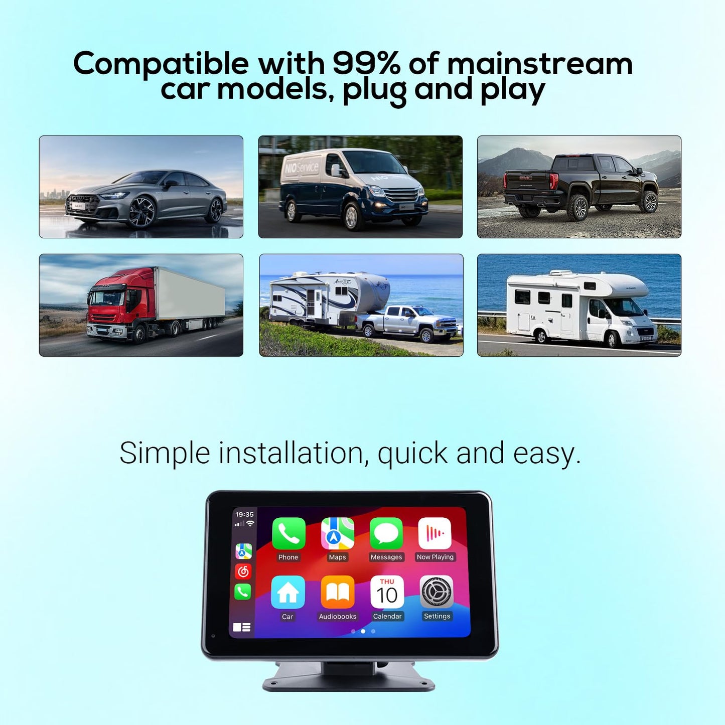 visualización portátil inalámbrica Carplay para Coche, 7 Pulgadas estéreo de Coche inalámbrico Carplay y Android Auto, cámara de Respaldo 1080p, receptores de Audio del Coche, navegación GPS