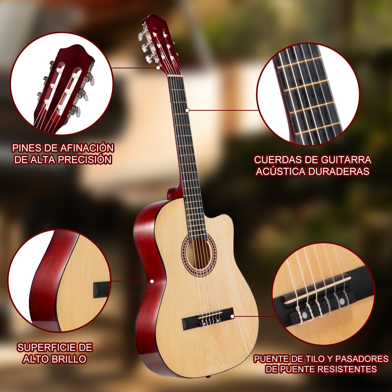 Guitarra Acústica de 39 Pulgadas, Guitarra Clasica 6 Cuerdas Incluye Kit de Accesorios, Bolsa para Guitarra, Correa, Golpeador, Plumillas, Afinador y Más