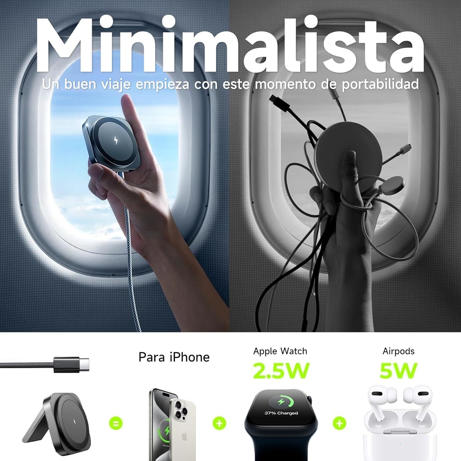 Cargador Inalámbrico Sadoway Negro 15W Plegable Magnético 2 en 1 Compatible con iPhone y Apple Watch