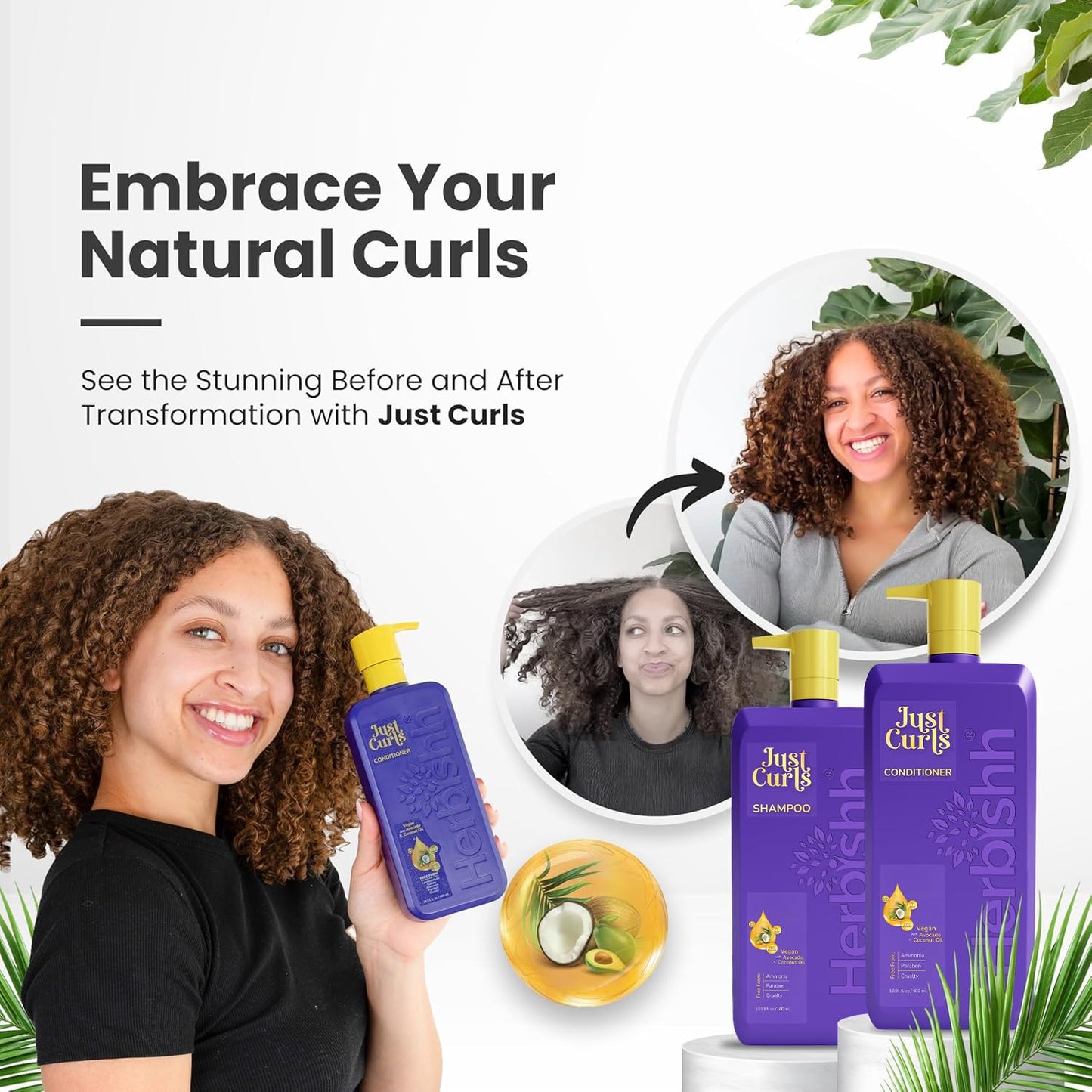 Set Shampoo y Acondicionador Herbishh Just Curls con Aceite de Coco y Aguacate – Fórmula Vegana sin Sulfatos | Nutrición, Hidratación y Definición para Cabello Rizado y Ondulado