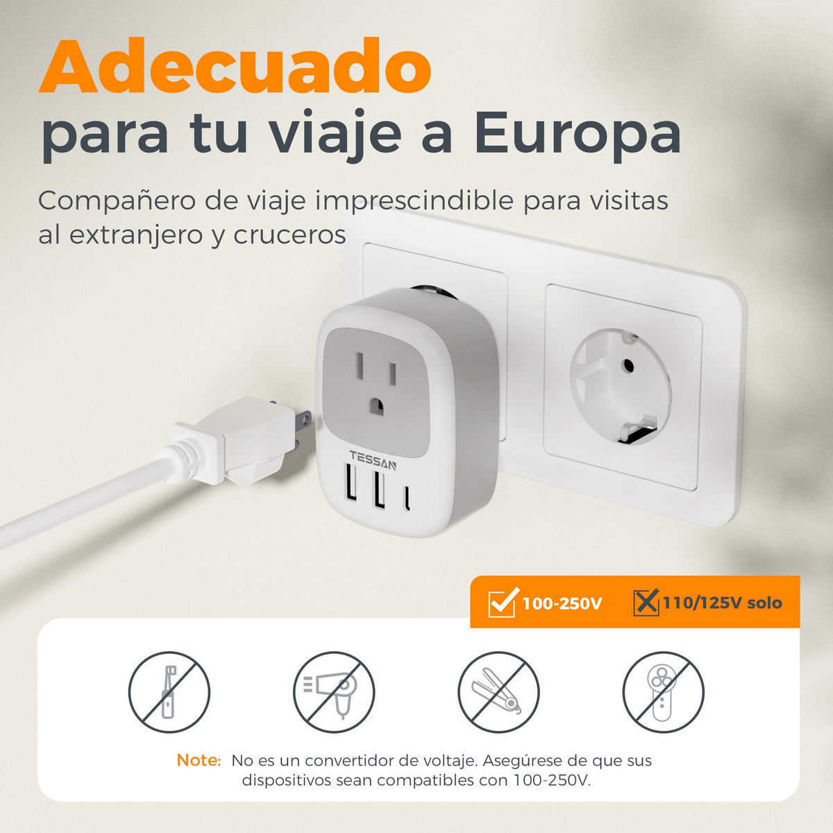 Adaptador Europeo TESSAN Blanco 15W Cargador Tipo C Carga Rápida 2 Unidades
