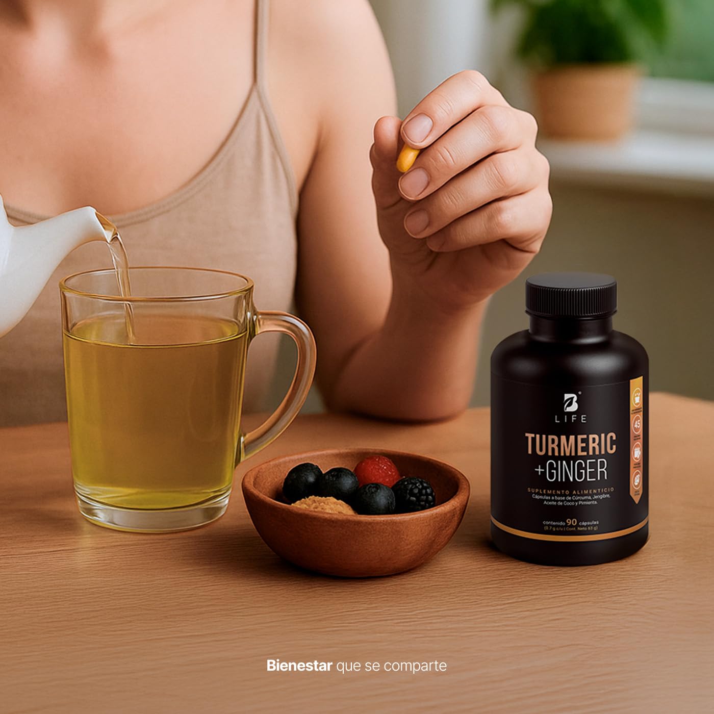 Cúrcuma + Jengibre 90 Cápsulas 1400 mg por porción. Adicionado con Aceite de Coco. Ingredientes naturales. Turmeric + Ginger B Life
