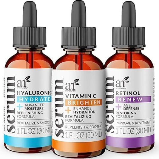 ArtNaturals Anti-Aging-Set with Vitamin-C Retinol and Hyaluronic-Acid - (3 x 1 oz) Serum for Anti Wrinkle and Dark Circle Remover ‰ÛÒ All Natural and Moisturizing