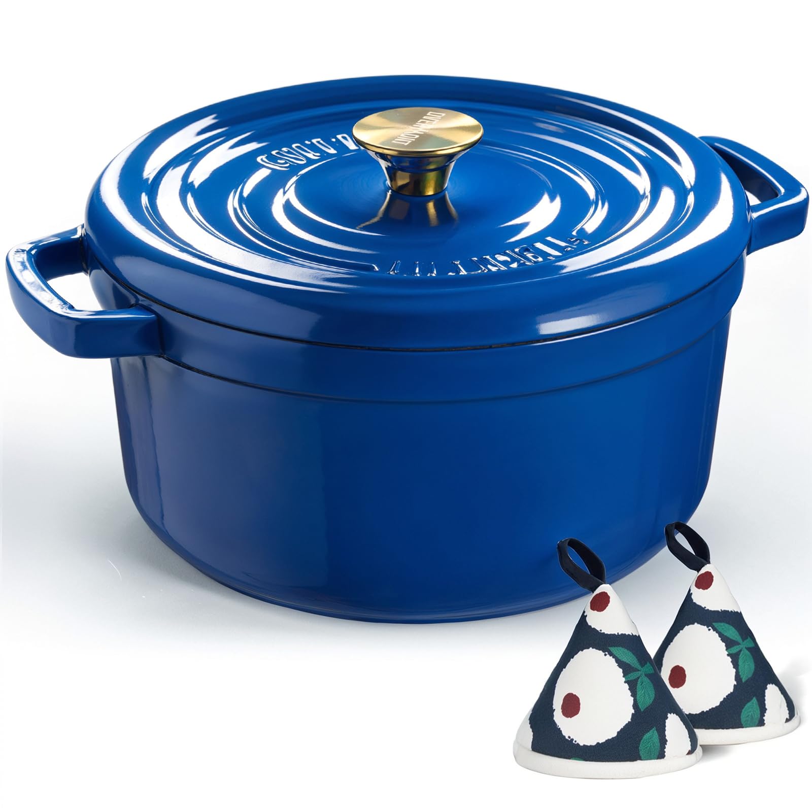 Overmont - Horno holandés de hierro fundido esmaltado de 26 cm, olla de 5 litros con tapa y agarraderas de algodón, utensilios de cocina resistentes para estofado, guisos, asar, hornear pan, color