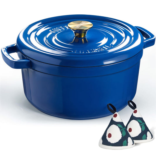 Overmont - Horno holandés de hierro fundido esmaltado de 26 cm, olla de 5 litros con tapa y agarraderas de algodón, utensilios de cocina resistentes para estofado, guisos, asar, hornear pan, color