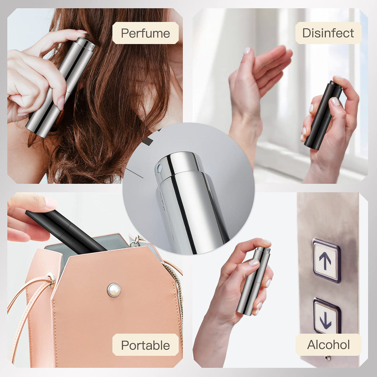Lisapack Botella atomizadora de perfume de 8 ml para viajes (paquete de 2), dispensador de colonia vacío, pulverizador portátil (negro brillante y plateado)