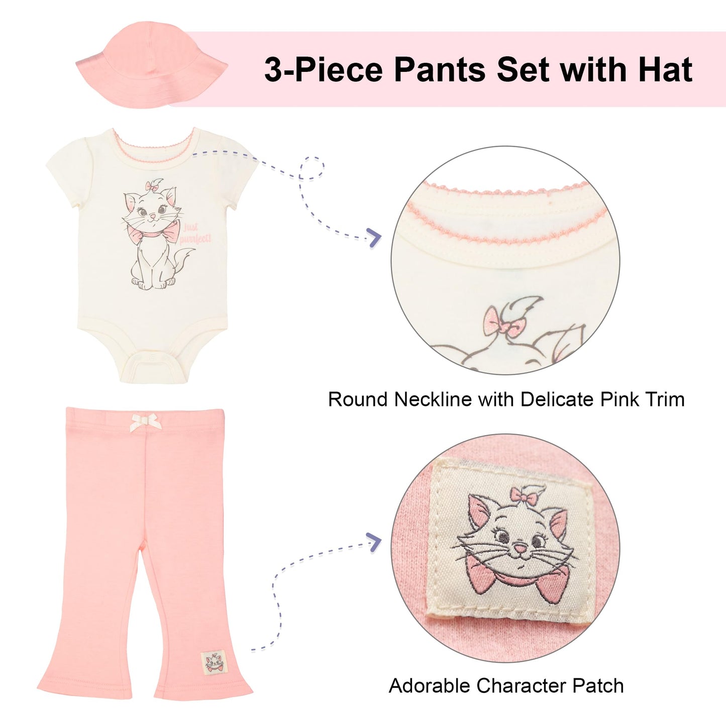 Magic Threadz Conjunto de 3 piezas de ropa Disney para bebé niña con pantalón y gorro – Lilo & Stitch, Winnie the Pooh, Minnie Mouse y Aristogatos. Conjunto de Marie con body y pantalón.