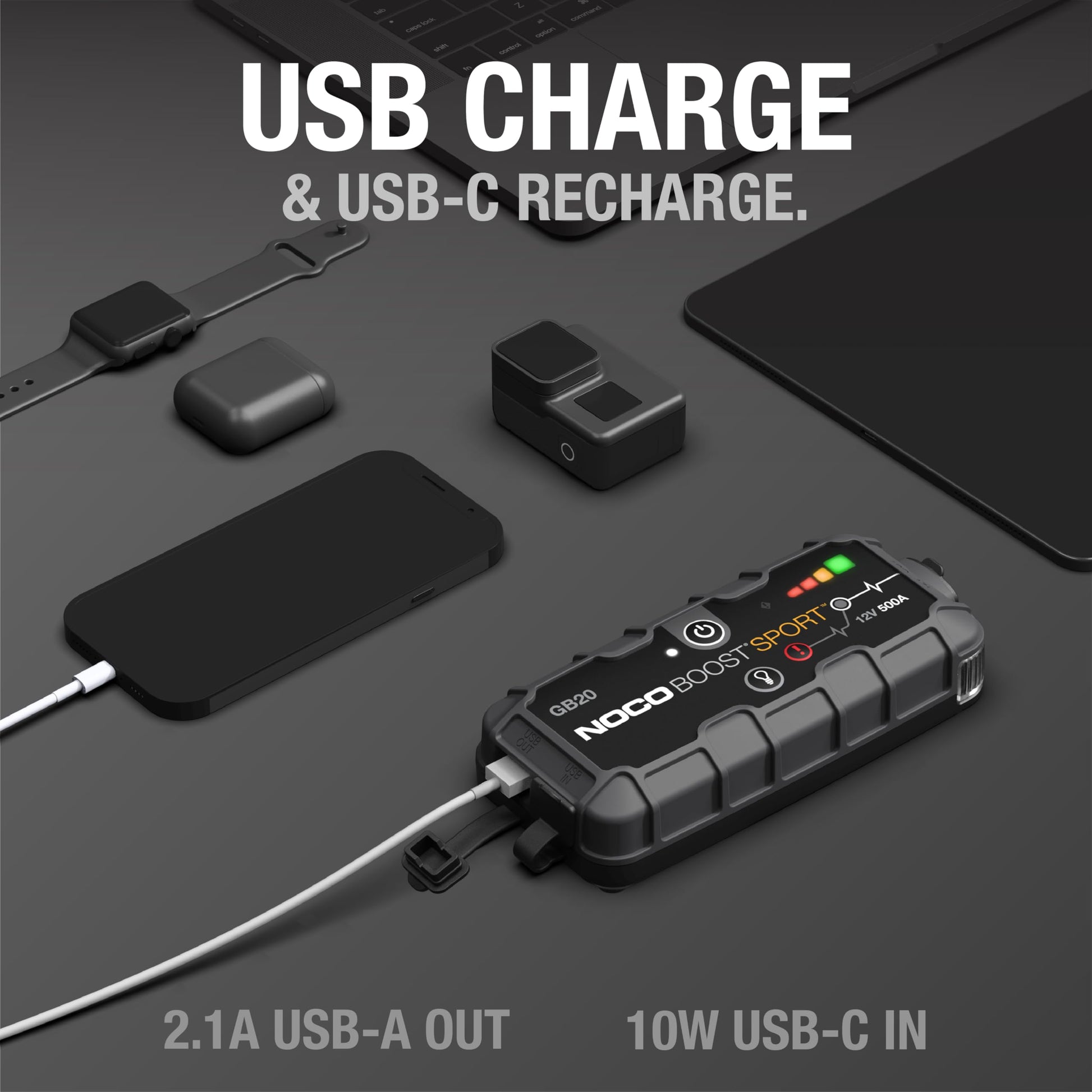 NOCO Boost GB20: Arrancador de batería de Auto 500A – Booster de Litio portátil 12V, Power Bank y Cables para Pasar Corriente – para Motores a Gasolina de hasta 4.0 litros