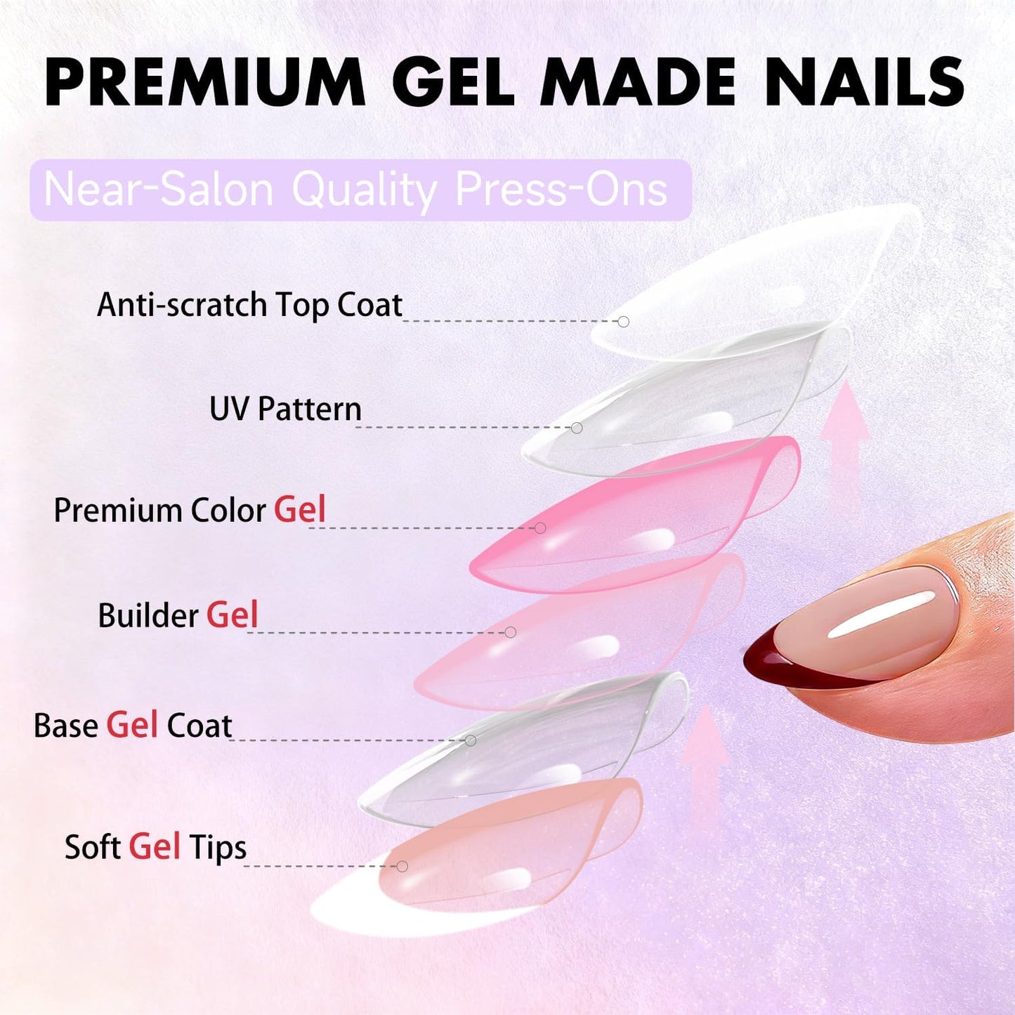 SXVME Uñas postizas francesas con punta almendrada y rojo granate, con pegamento para mujer, uñas postizas francesas naturales, tamaño mediano - 24, kit de uñas postizas de gel suave burdeos, aspecto