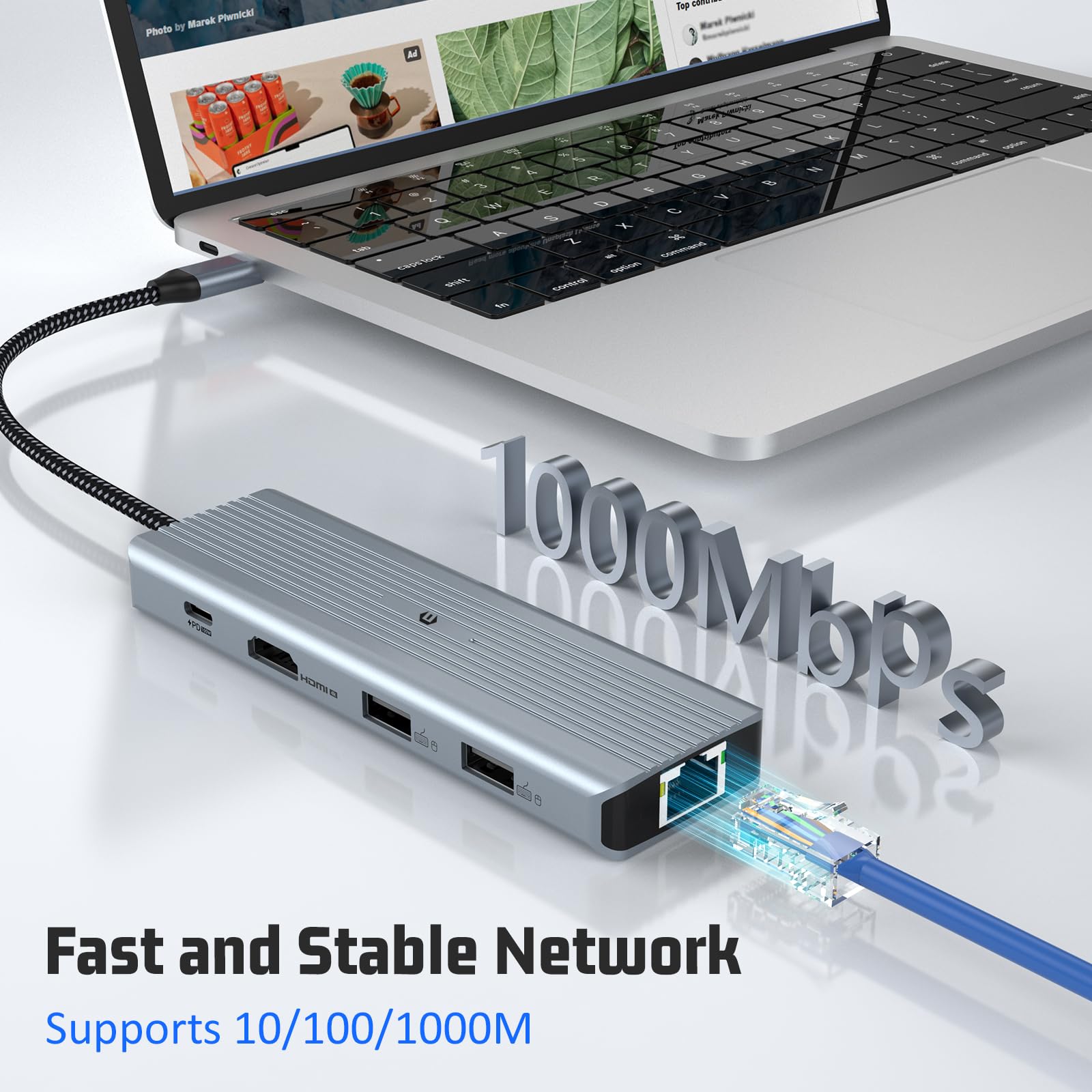 Hub USB C Tymyp10 Plata 4K HDMI y LAN RJ45 para Mac Pro/Air y Windows Surface Pro 7