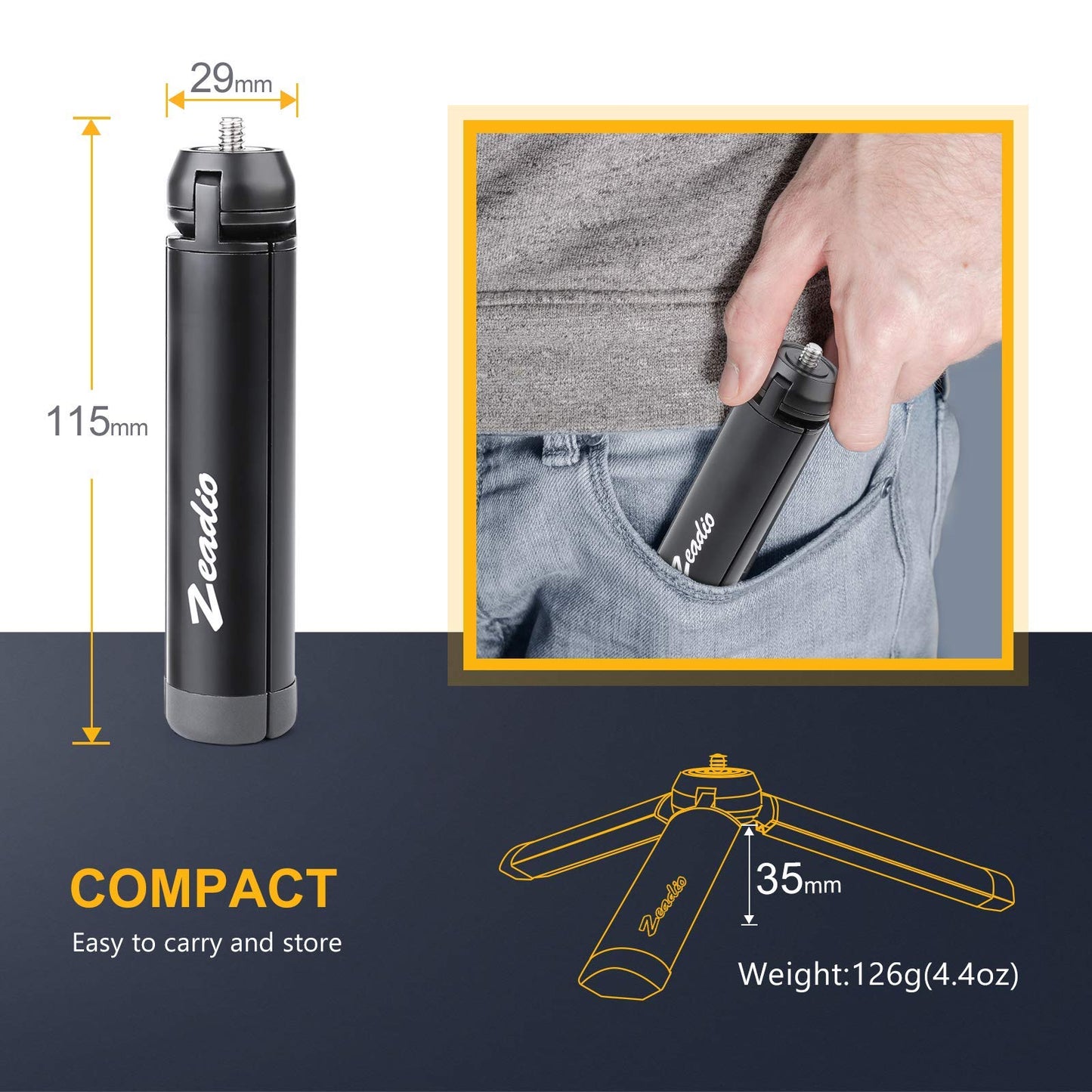 Trípode Mini de Metal Zeadio Negro para Mesa y Cámaras