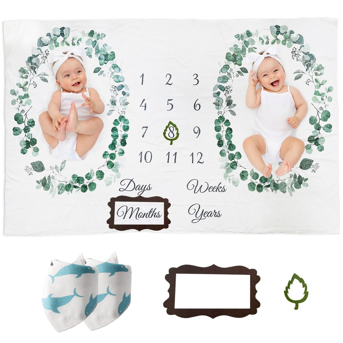 Vlokup - Manta para bebé con diseño de hito para niños y niñas, manta de franela de primera calidad para fotografía de fondo, corona neutra de hoja verde bohemia..