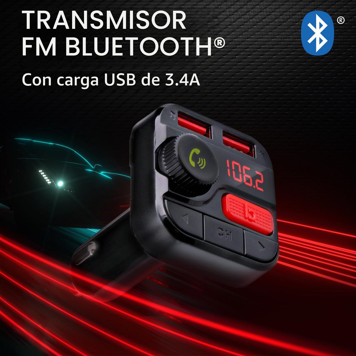 Transmisor FM Bluetooth Monster Negro con Tarjeta SD y Micrófono para Coche