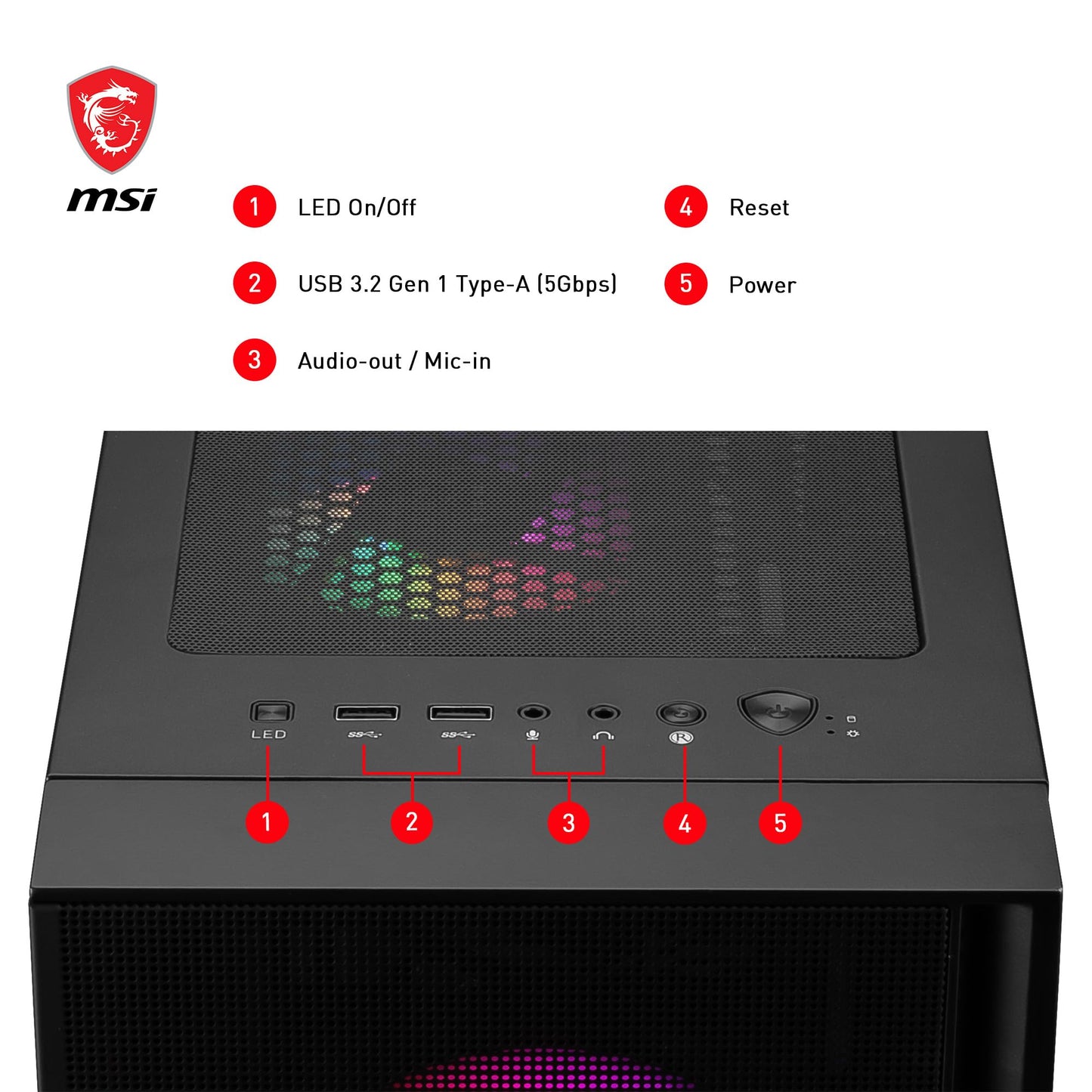 MSI Gabinete mag Forge 120A Airflow con Ventana RGB, Midi-Tower, ATX/Micro-ATX/Mini-ITX, USB 3.2, sin Fuente, 6 Ventiladores RGB Instalados, Negro