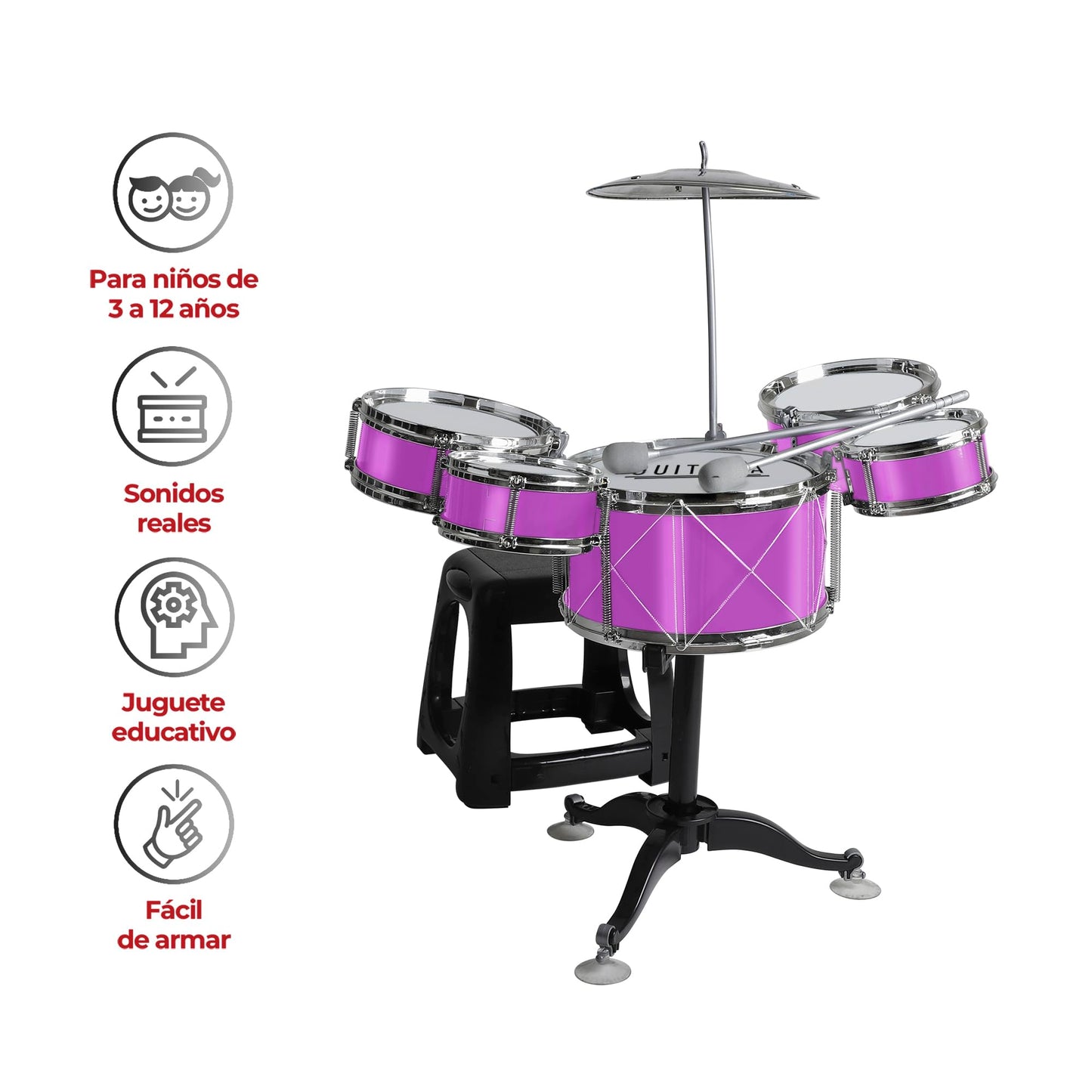 Guitalia Batería para Niños con Banco y Baquetas, Platillo, Bombo y Tarolas con Sonidos Realistas, Fácil de Armar, Ligera, Resistente, Ideal para Desarrollar la Creatividad y Habilidades Musicales
