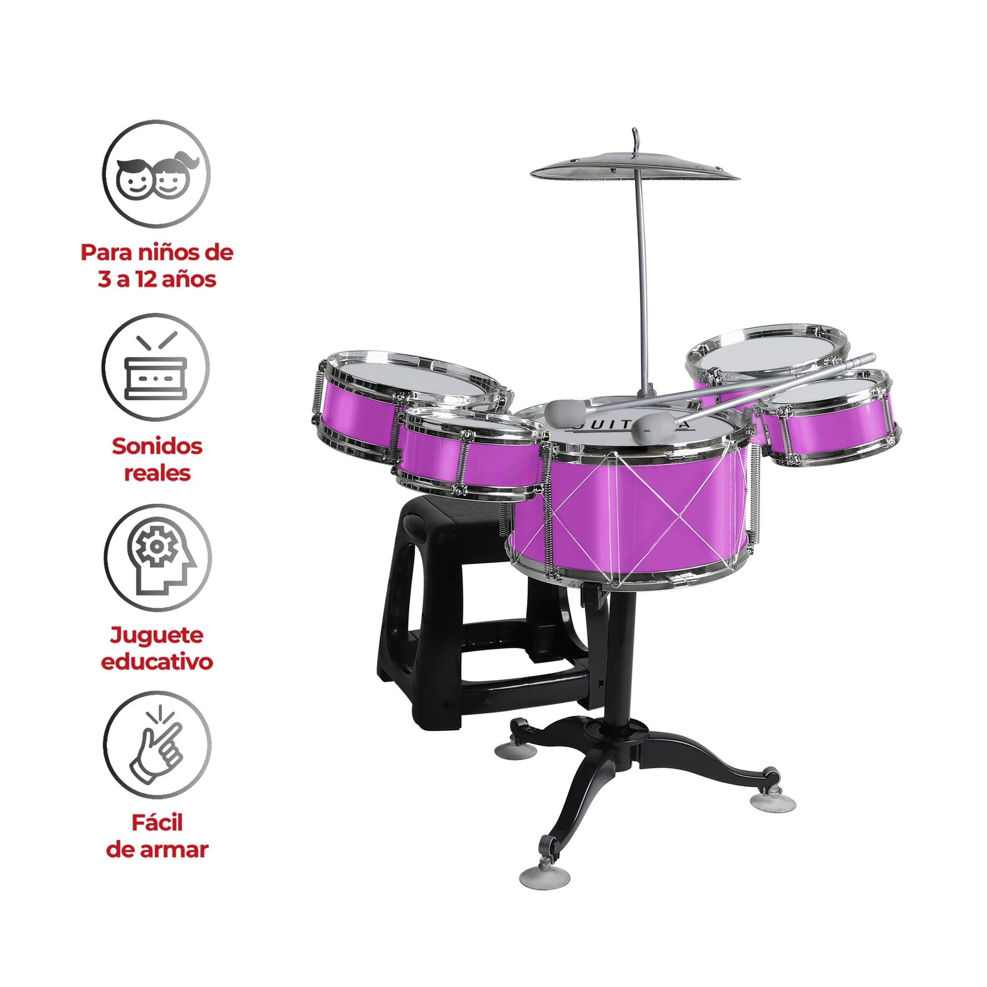 Guitalia Batería para Niños con Banco y Baquetas, Platillo, Bombo y Tarolas con Sonidos Realistas, Fácil de Armar, Ligera, Resistente, Ideal para Desarrollar la Creatividad y Habilidades Musicales
