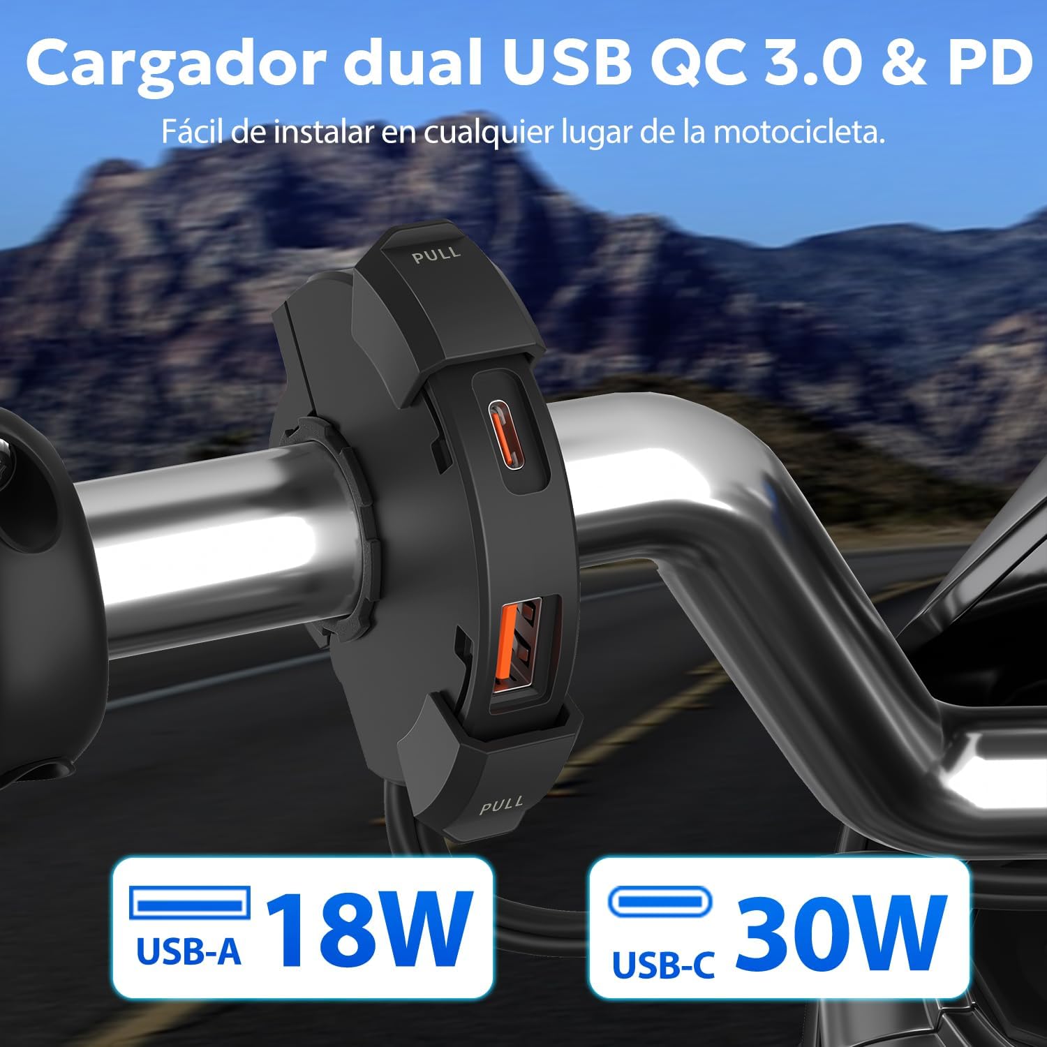 CYMUM - Cargador USB de teléfono para Motocicleta, USB Tipo c 30W PD Carga rápida 3.0 Cargador USB para Motocicleta Instalar en el Manillar