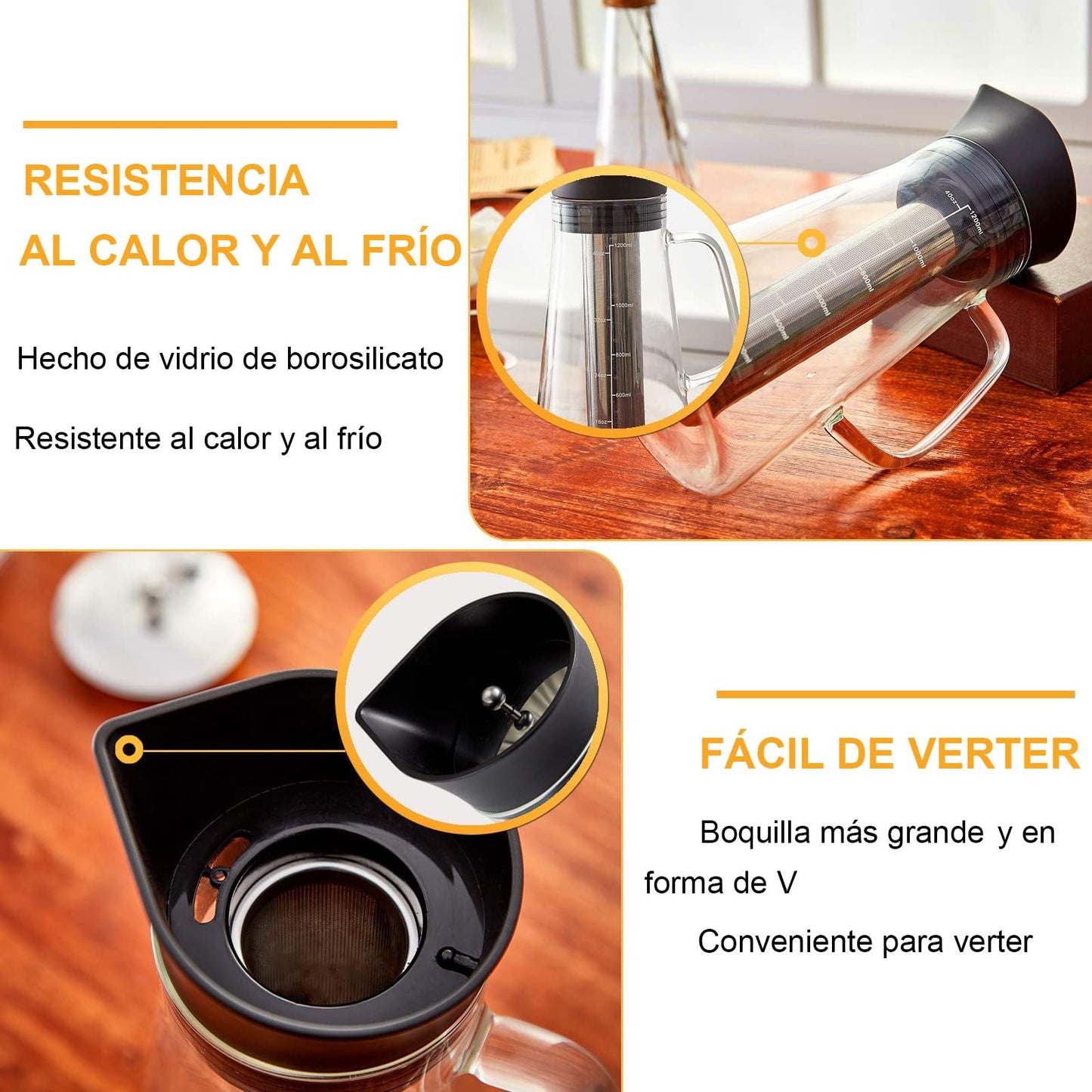 Café En Frío Cold Brew Jarra De Vidrio,1.2L Cafetera Cold Brew Vidrio de Primera Calidad Tetera Helada,Con filtro de acero inoxidable extraíble y tapa hermética,Apto para té de frutas o café