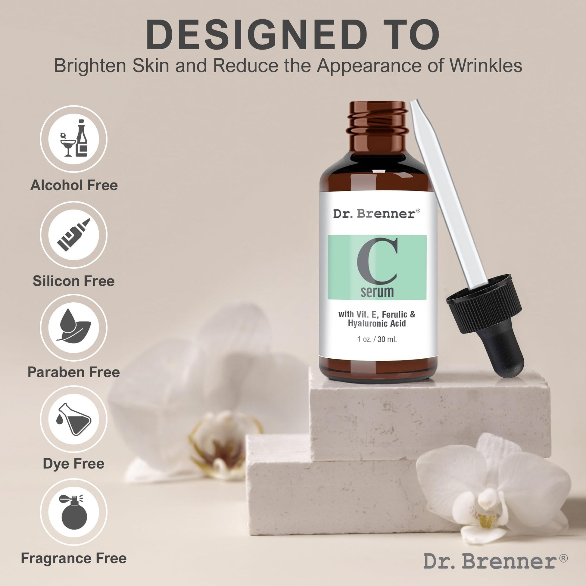Dr. Brenner Suero de vitamina C 20% puro ácido L-ascórbico, ácido ferúlico, vitamina E y ácido hialurónico para cara y ojos, natural, antienvejecimiento, antiarrugas, 1 onza. por Dr. Brenner (1 onza)