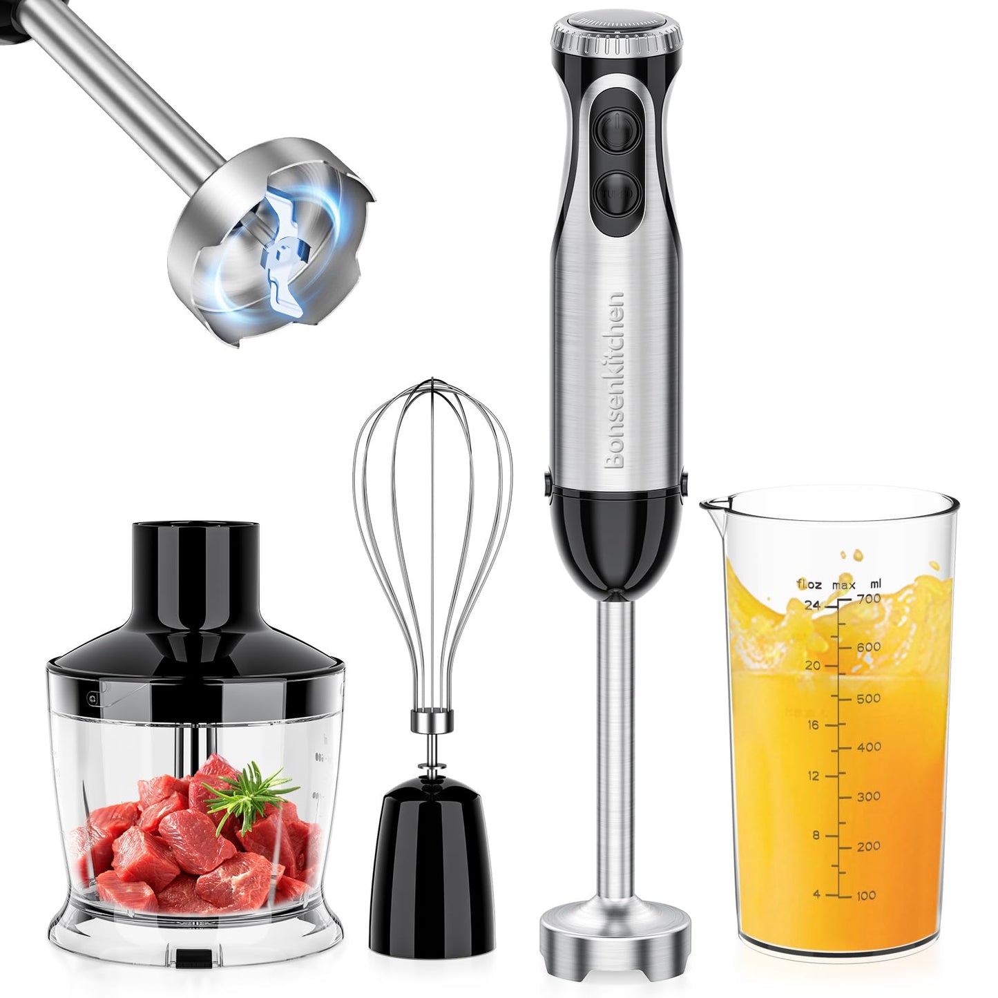 Bonsenkitchen - Batidora de inmersión , 20 velocidades variables y turbo, batidora de mano 4 en 1 de acero inoxidable con batidor de huevos, vaso y bol picador