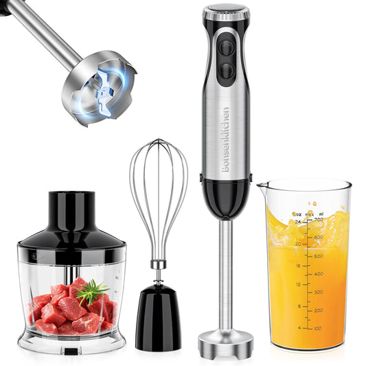 Bonsenkitchen - Batidora de inmersión , 20 velocidades variables y turbo, batidora de mano 4 en 1 de acero inoxidable con batidor de huevos, vaso y bol picador