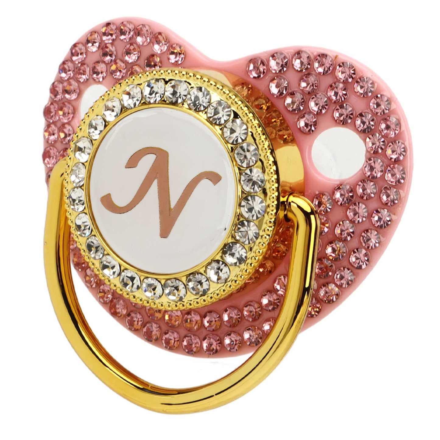 Chupete de Silicona Sorandy Dorado Curvo con Clip de Letras y Diamantes de Imitación para Bebé