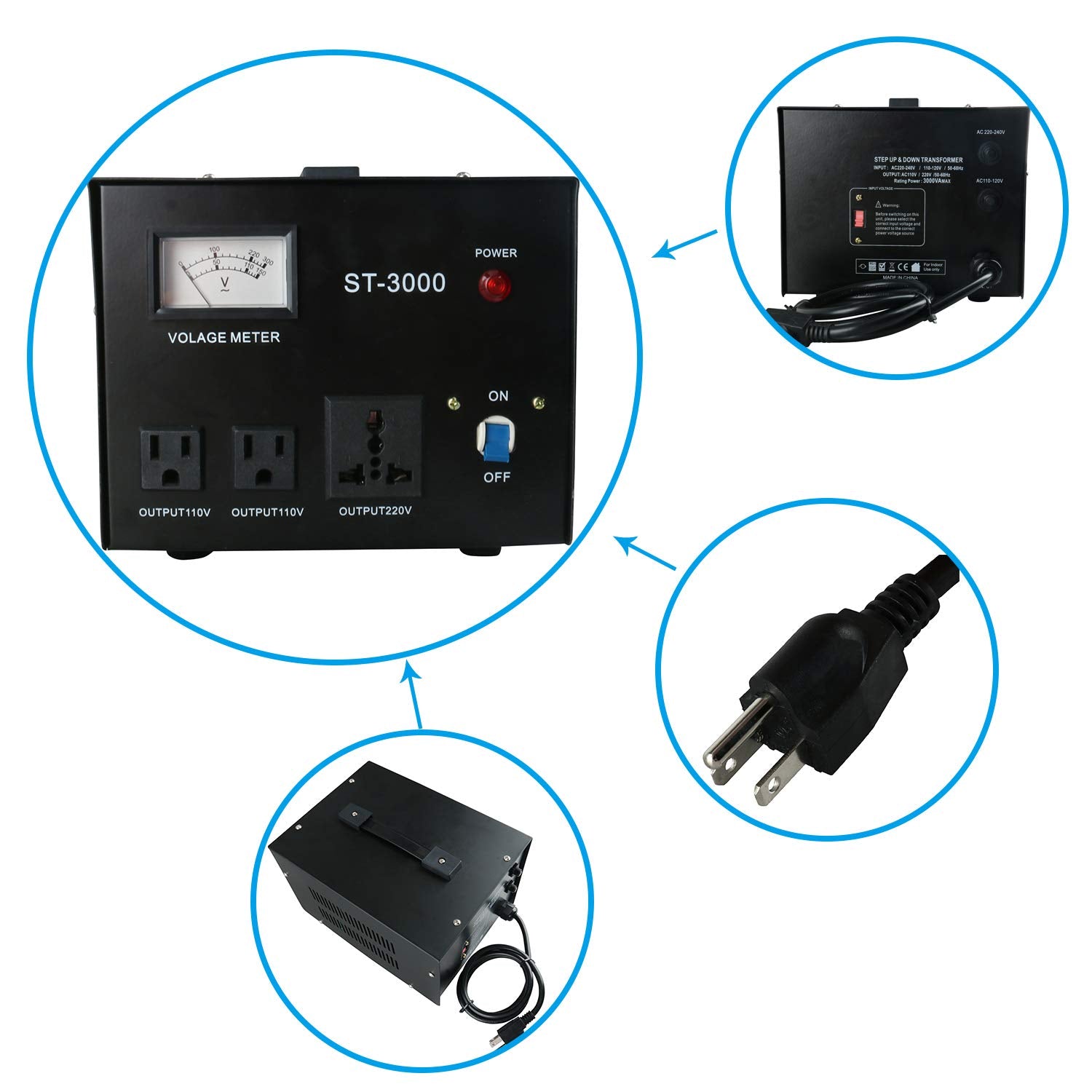 Regulador Convertidor de Voltaje YaeCCC ST-3000 110V/220V con Protección contra Disyuntores y Medidor de Voltaje