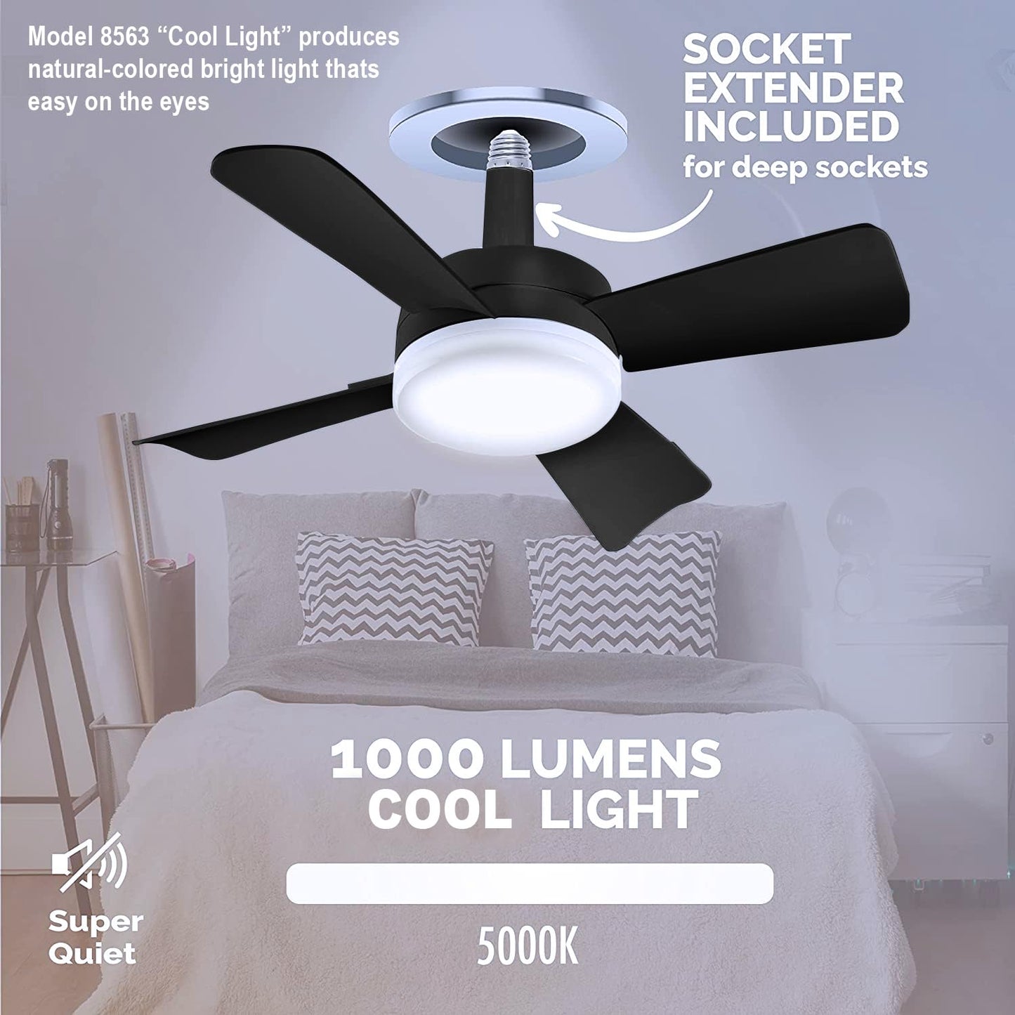 Bell + Howell - Ventilador de techo con socket, con luces led y control remoto, repuesto de foco, para dormitorio, cocina, sala, 1000 lúmenes, 5000 Kelvins, negro