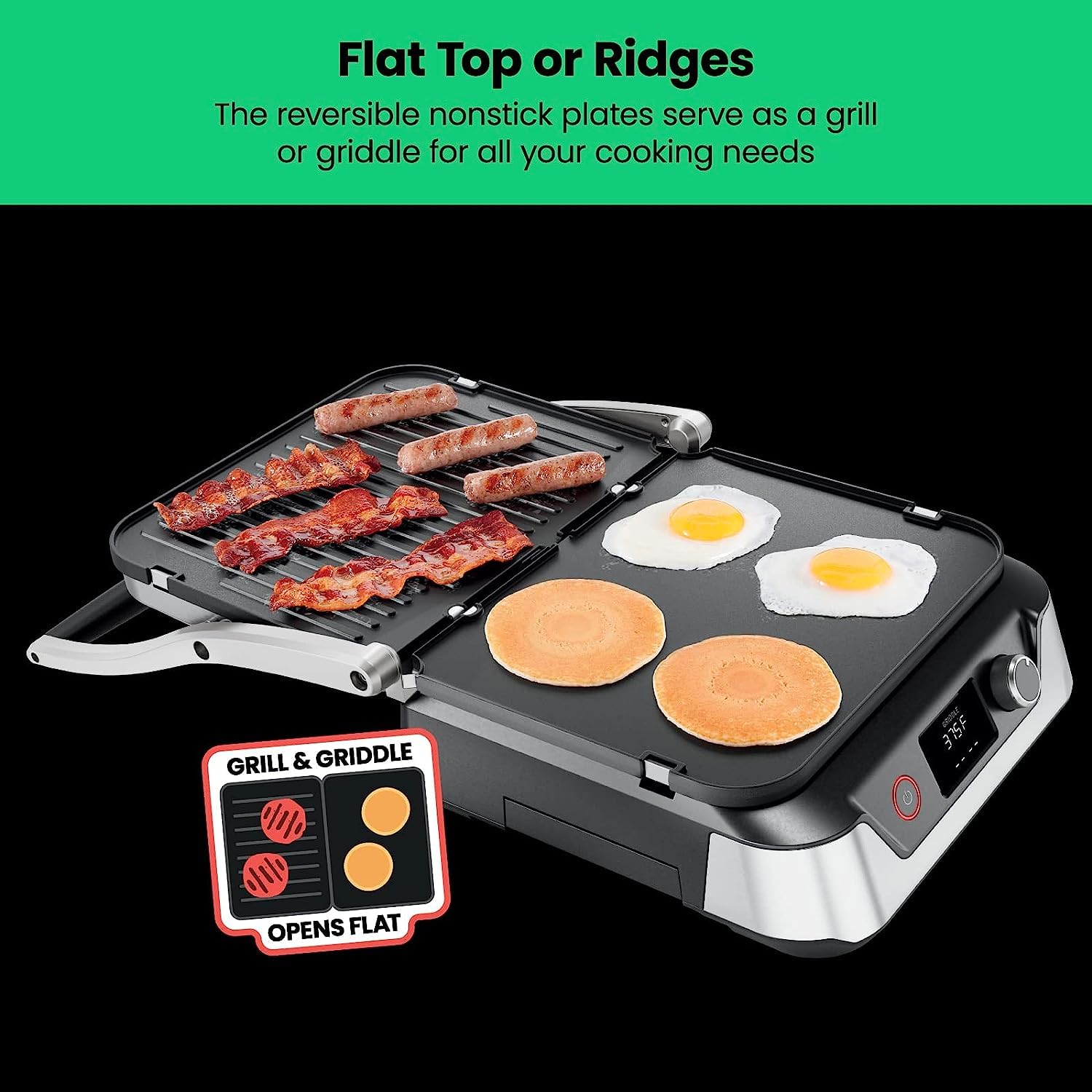 Parrilla Digital Panini Chefman Acero Inoxidable con Platos Reversibles Extraíbles, Abre 180° para Barbacoa y Parrilla Plana