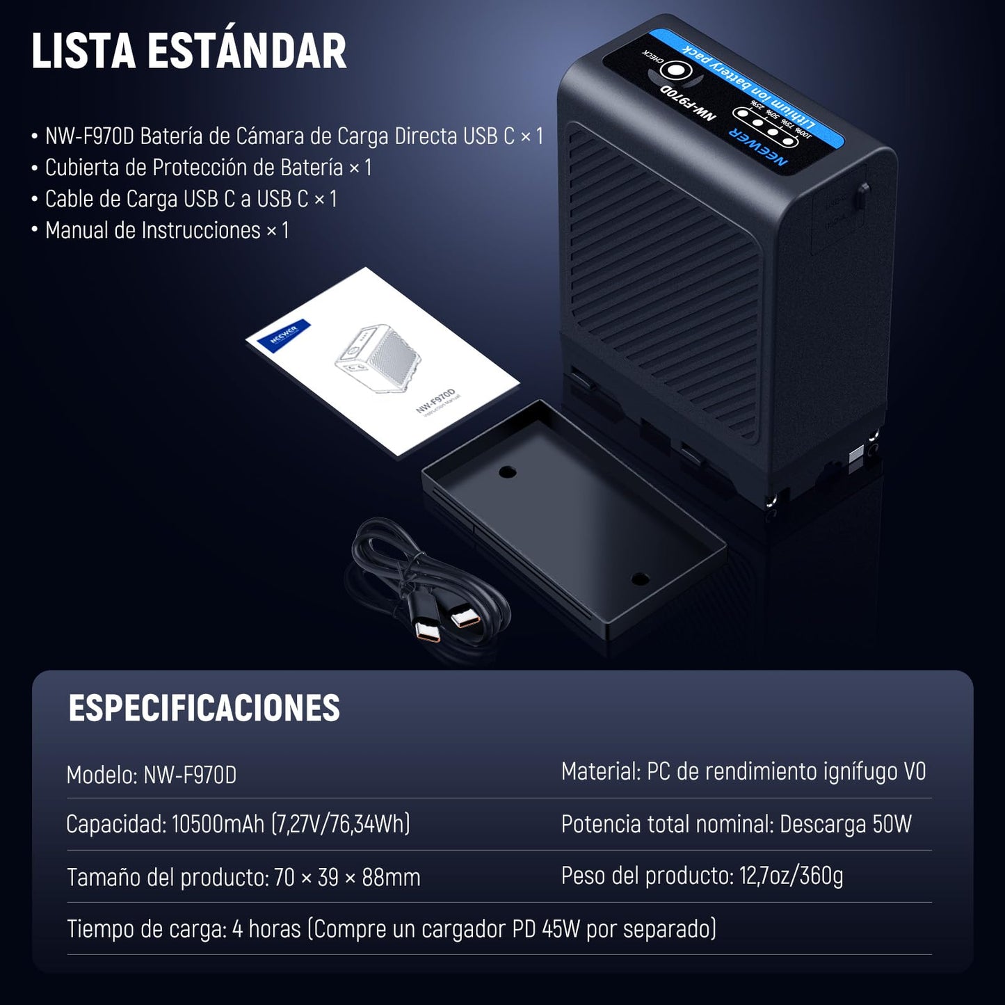 Batería Repuesto NEEWER Negro NP-F970 10500mAh con Carga Rápida para Sony, Canon, Nikon