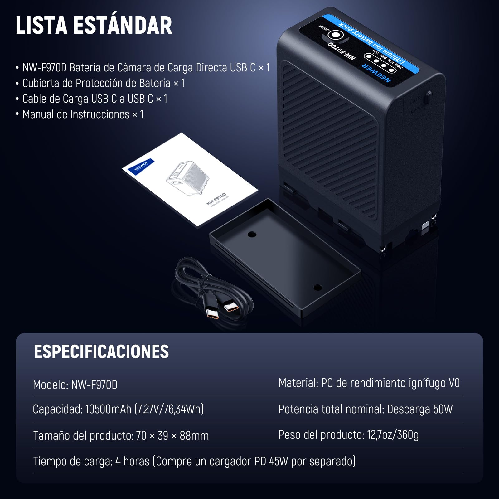 Batería Repuesto NEEWER Negro NP-F970 10500mAh con Carga Rápida para Sony, Canon, Nikon