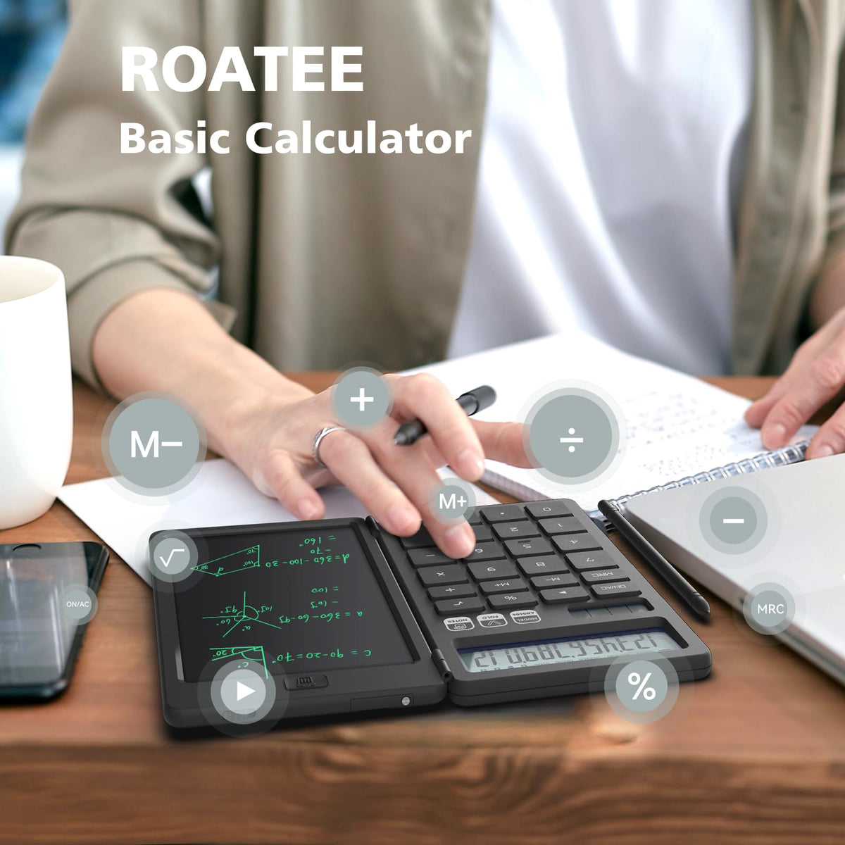 Calculadora ROATEE Negra con Tableta de Notas Plegable y Visualización LCD para el Hogar