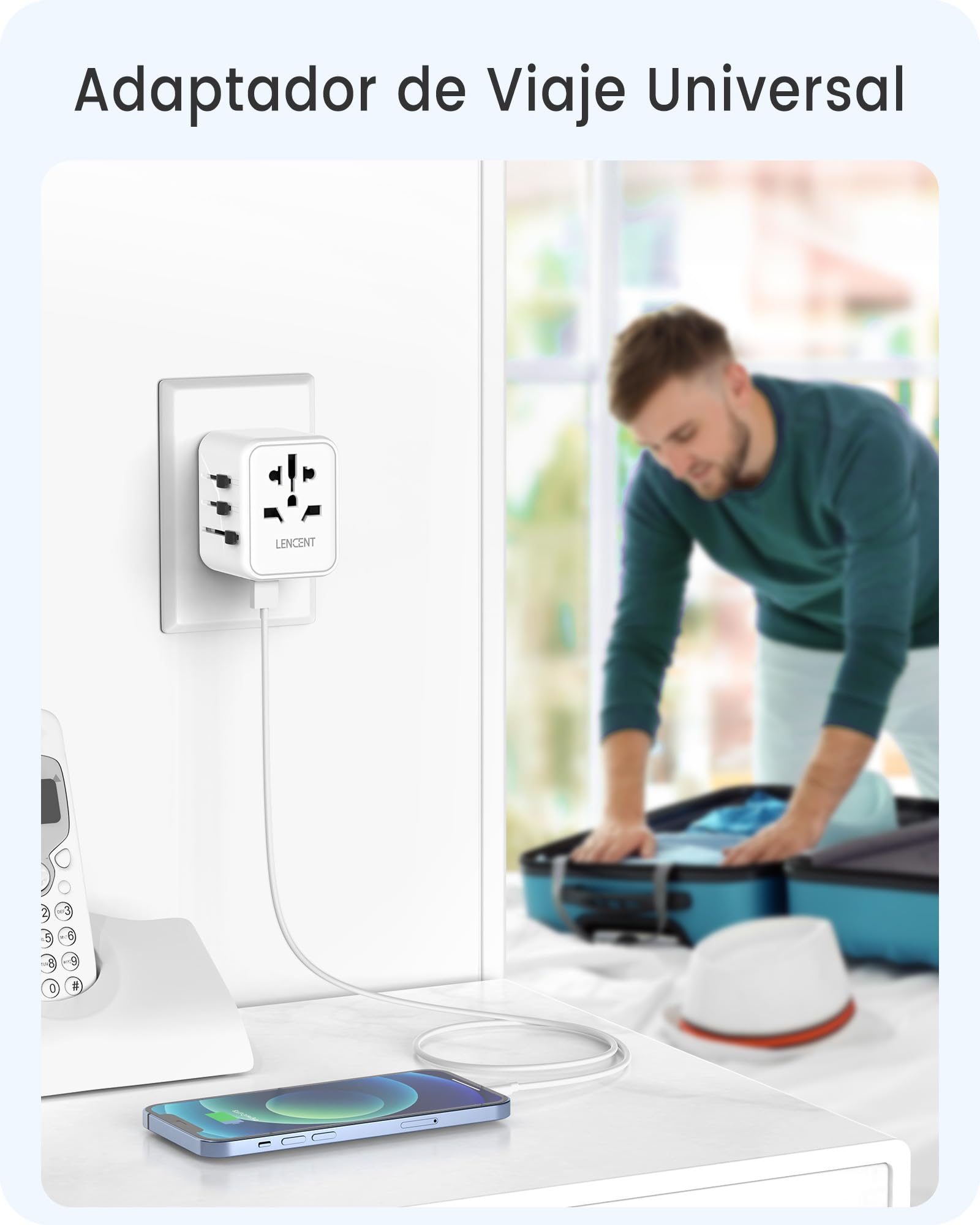 LENCENT Adaptador Enchufe Universal, Enchufe Internacional con 2 Puertos USB, Cargador de Viaje para Europa, Americano, Canadá, Reino Unido, Australia, Adaptador Viaje para Más de 200 Países, Blanco