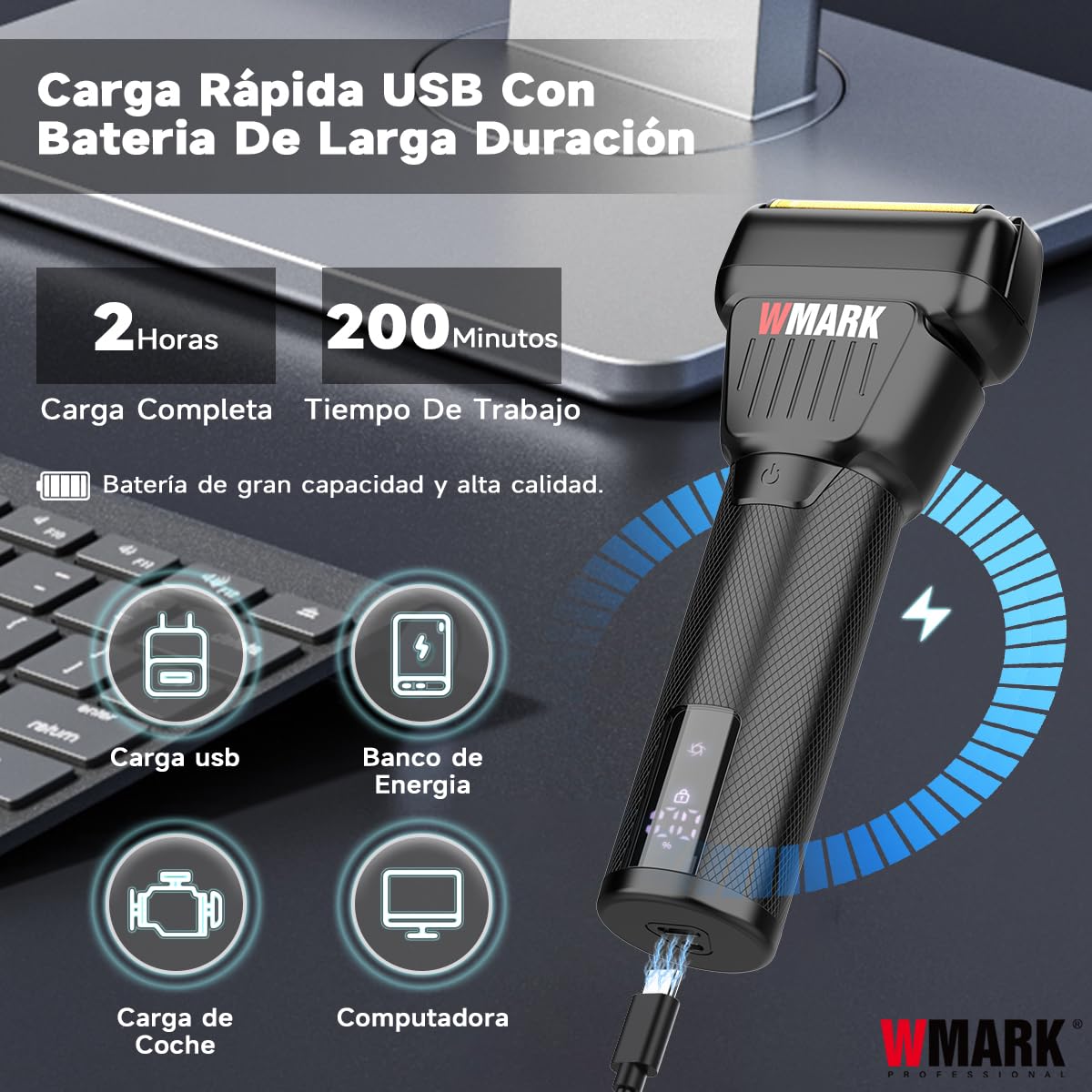 WMARK Afeitadora eléctrica para hombre, 9000RPM Maquina De Afeitar Inalámbrica, (recargable, húmeda y seca), Máquina de afeitar