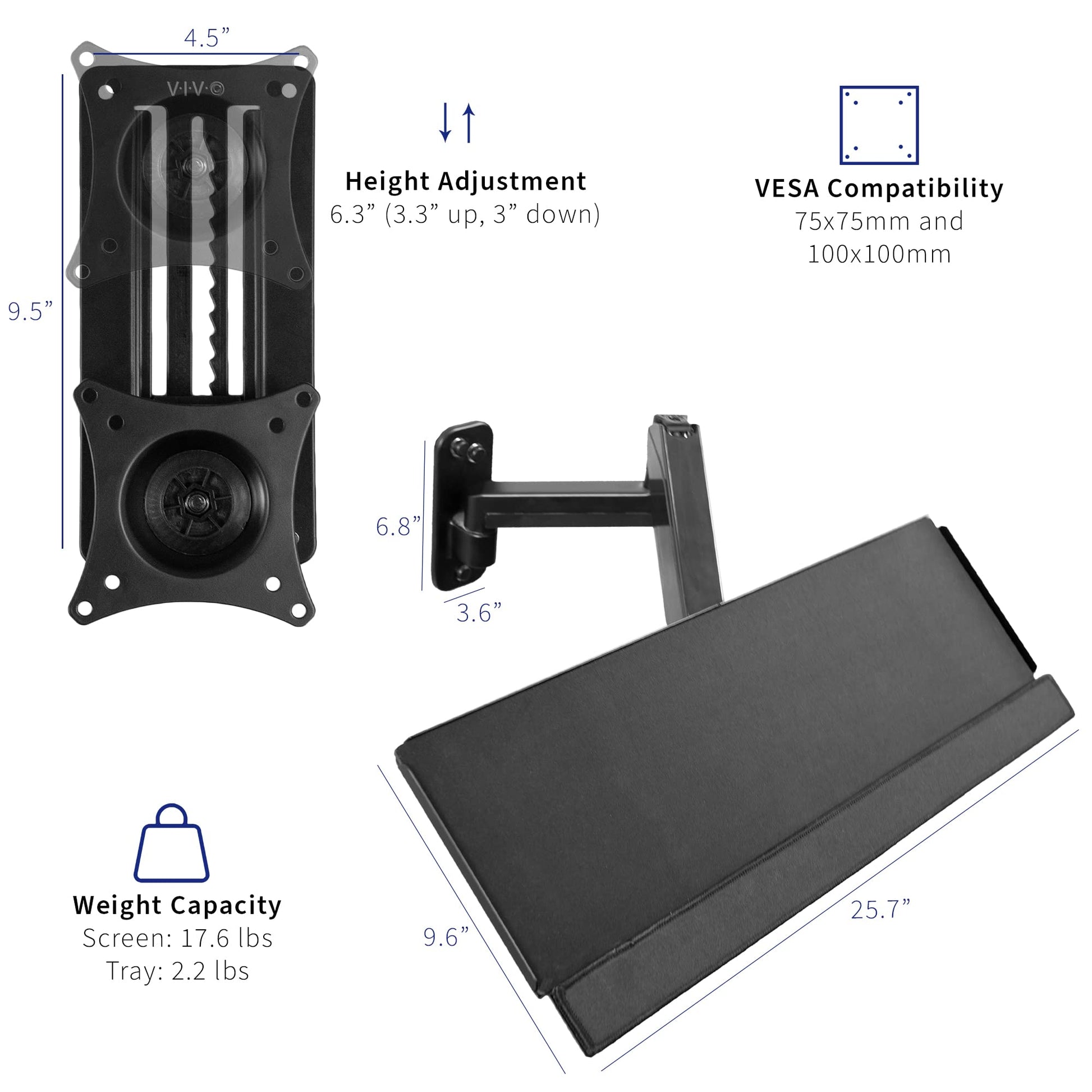 Soporte de Pared VIVO Negro con Bandeja de Teclado y Brazo Neumático para Monitor de 17 a 32 Pulgadas