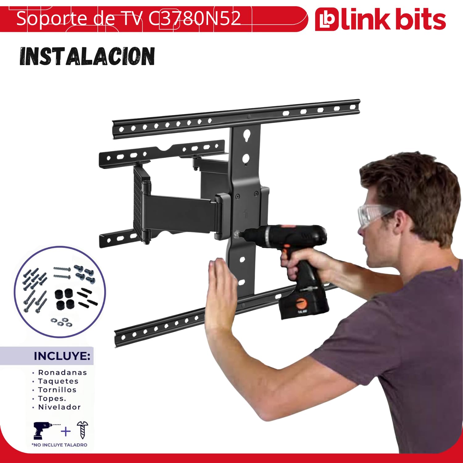 LINK BITS C3780N52 Soporte de TV movible con Brazo para Pantallas de 37” a 80”, Soporte de Pared articulado 75 Pulgadas, hasta 50 Kg (Materiales Reforzados).