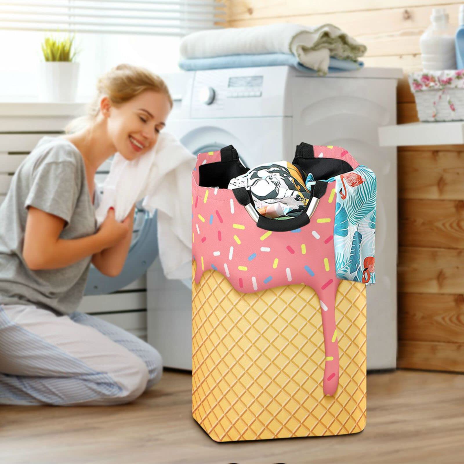 JUMBEAR Cesta de lavandería con cono de helado, plegable, grande, para guardería, con asa, para recámara, baño, recámara, habitación de los niños