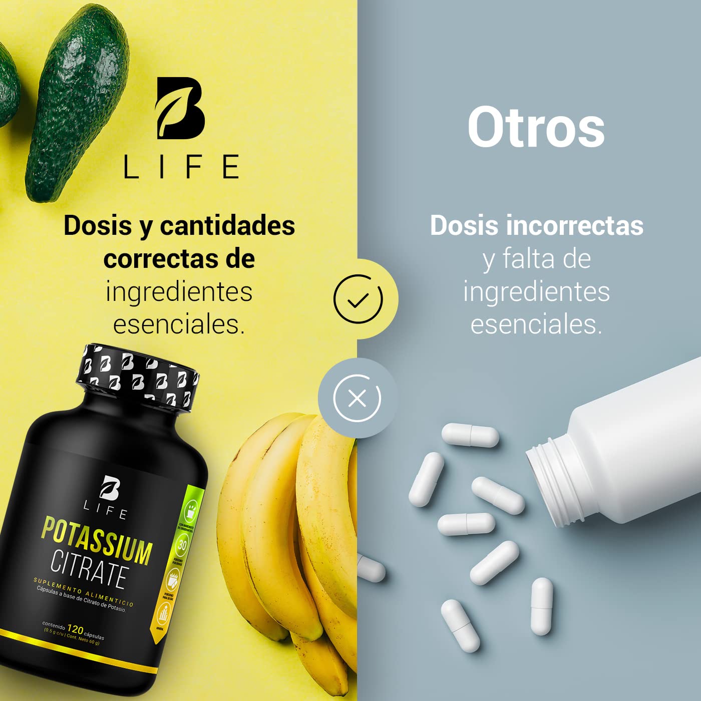 B Life Company Citrato de Potasio 800 mg de Potasio (Provenientes de 1000 mg). Ingredientes Naturales de 120 Cápsulas. Potassium Citrate