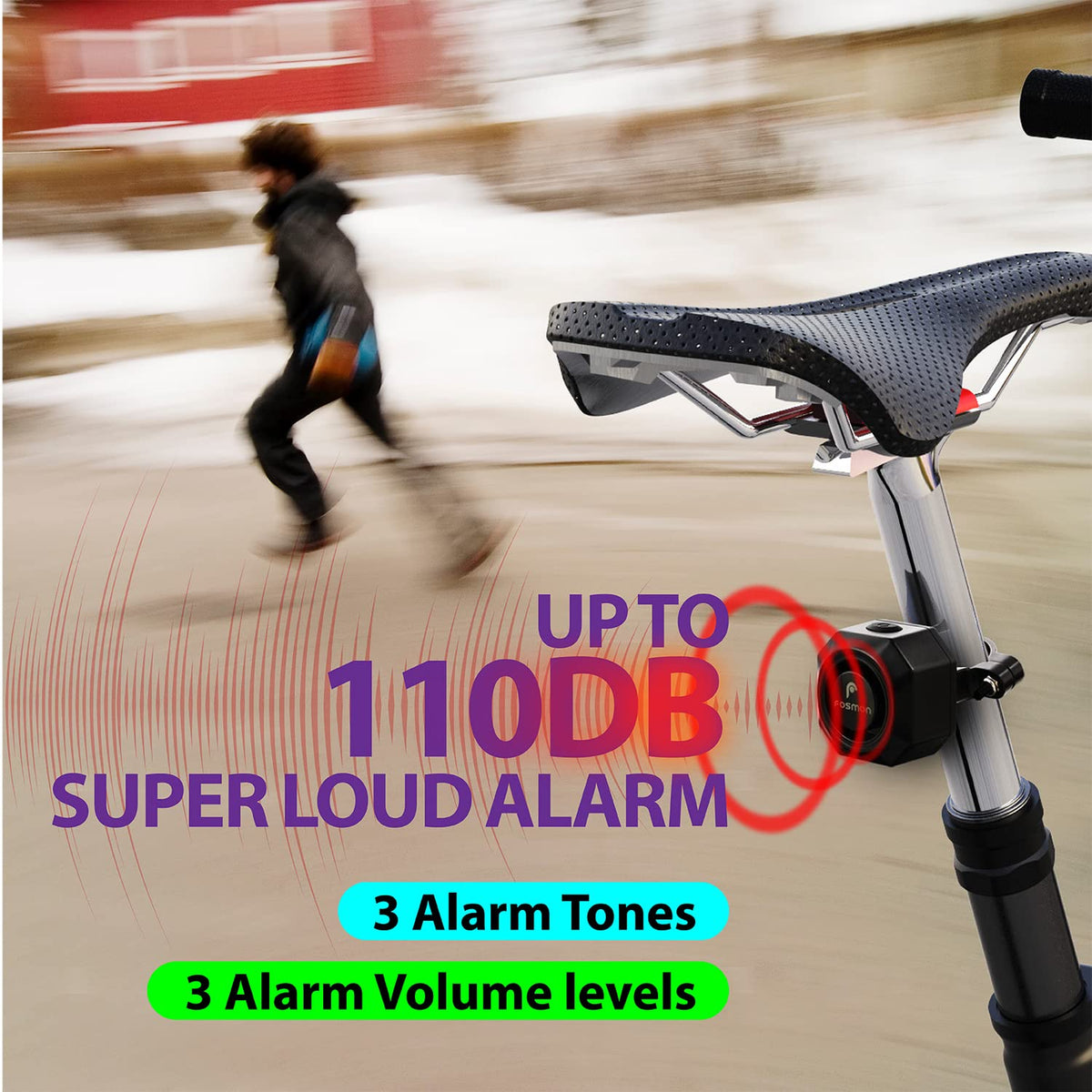 Alarma de Bicicleta Fosmon Negra Recargable USB-C Antirrobo Inalámbrica 110 dB Impermeable para Bicicleta y Scooter