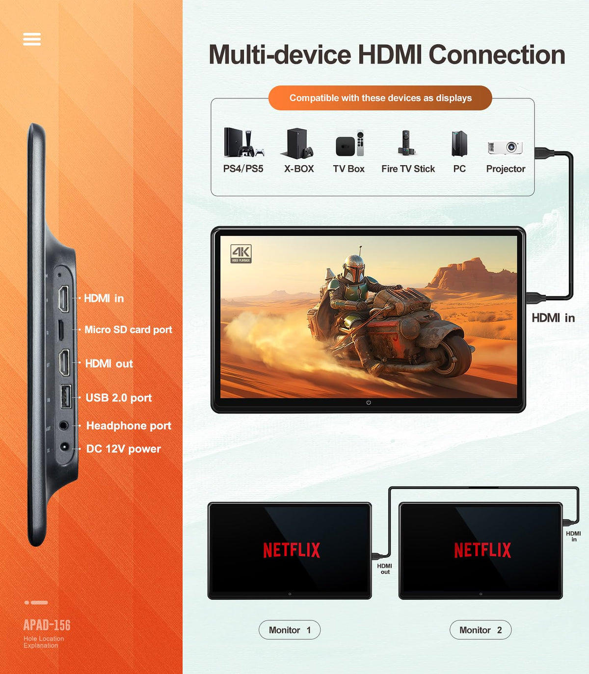 Monitor TV para Coche Android de 15.6 Pulgadas Pantalla Táctil 4K Asientos Traseros Compatible Enlace Inalámbrico de Teléfono
